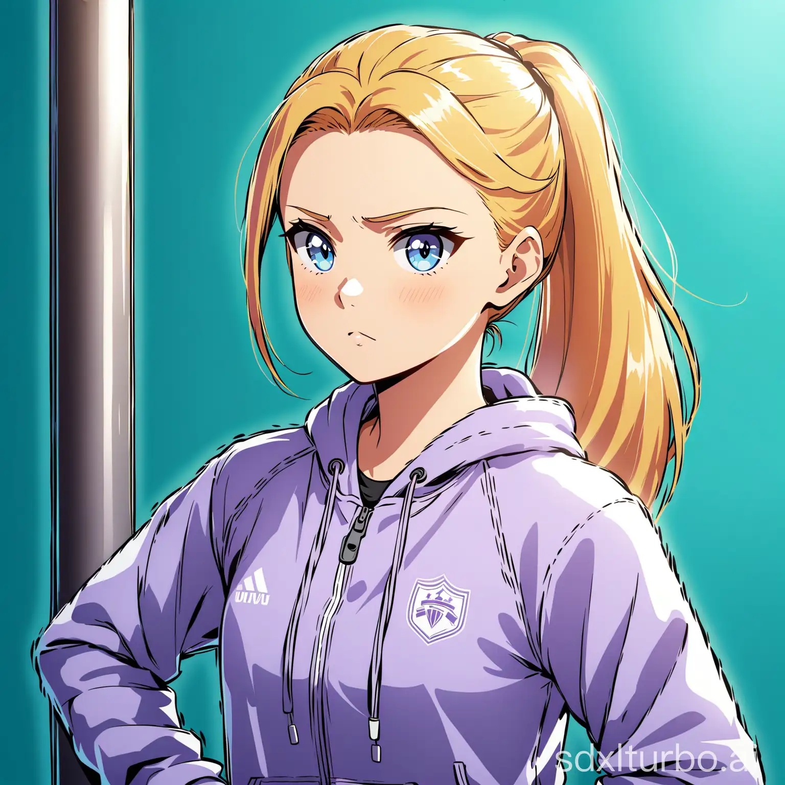 A scandinavian thin low stature blonde teen girl, with frizzy long hair, with bangs and pony tail, blue eyes, with grey-violet university jacket, doing gym exercises, serious face