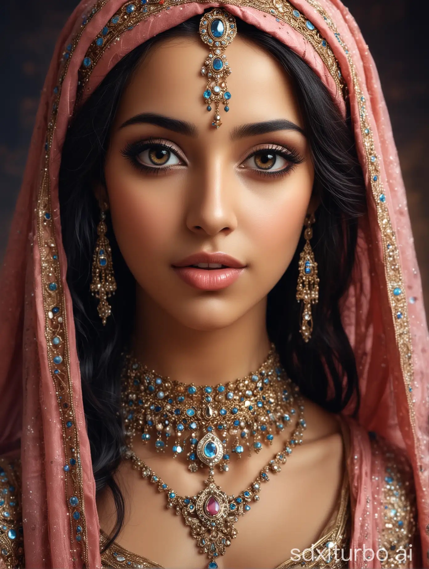 Portrait einer arabischen Prinzessin aus tausend und einer Nacht,
verträmt, märchenhaft, schön,
sehr detailreich