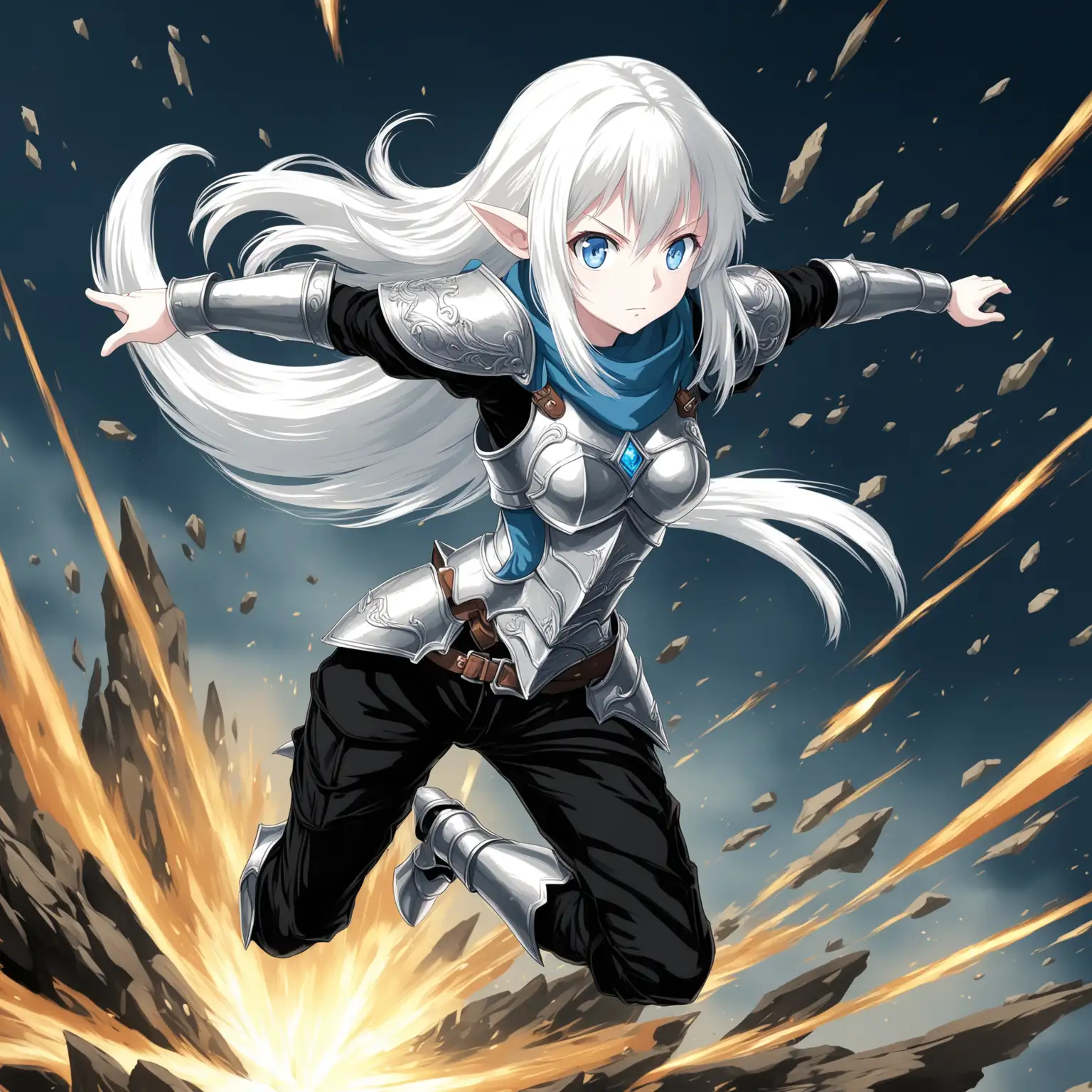 Anime girl, blue eyes, long white hair, short pointed ears, adventurer's armor, black pants,  dynamic pose