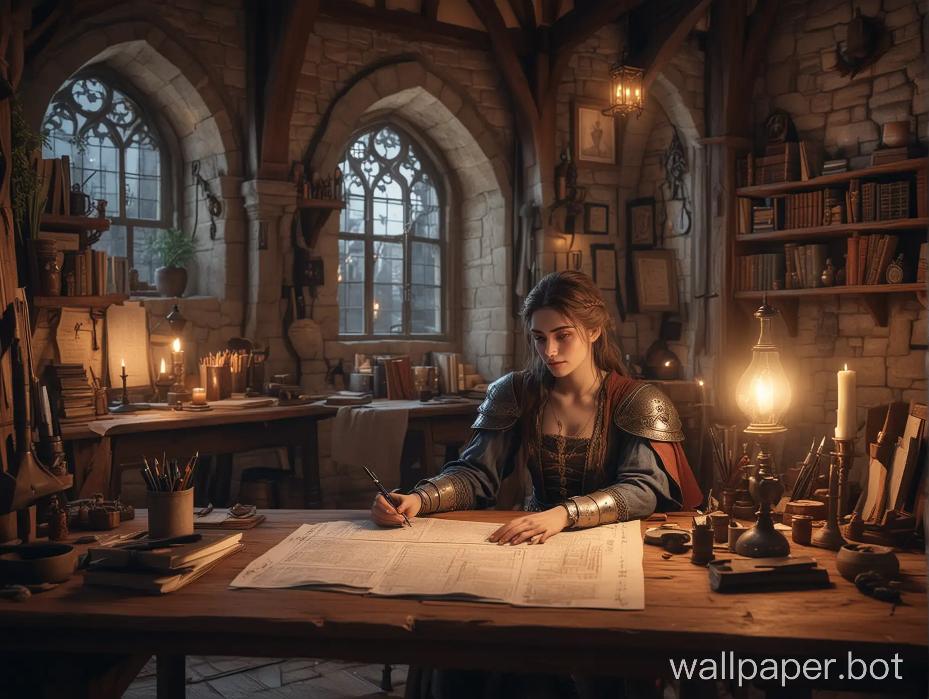 gorgeous medieval nonbinary character architect working on plans fantasy cozy medieval office working through the night realistic render ar no modern computer Image