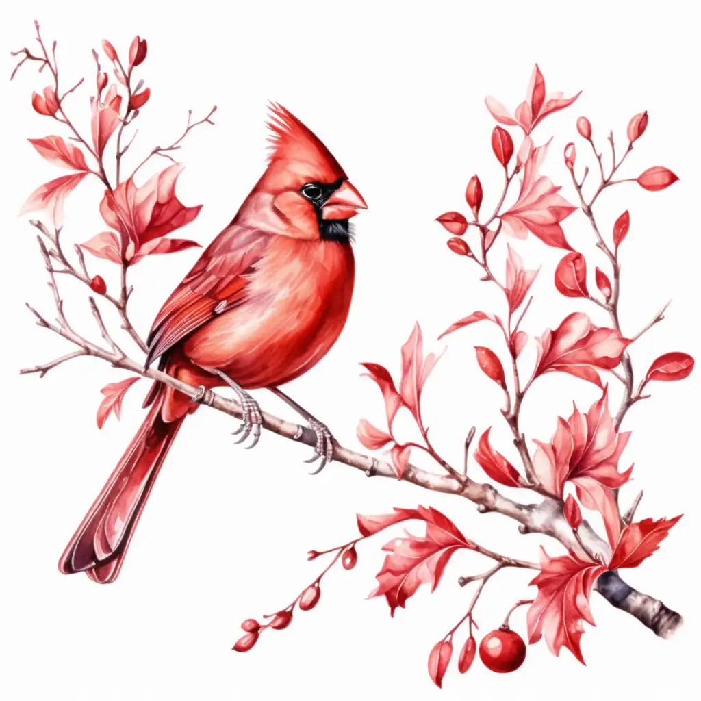 Aesthetic Watercolor Cardinal Sitting on Branch White Background Clipart