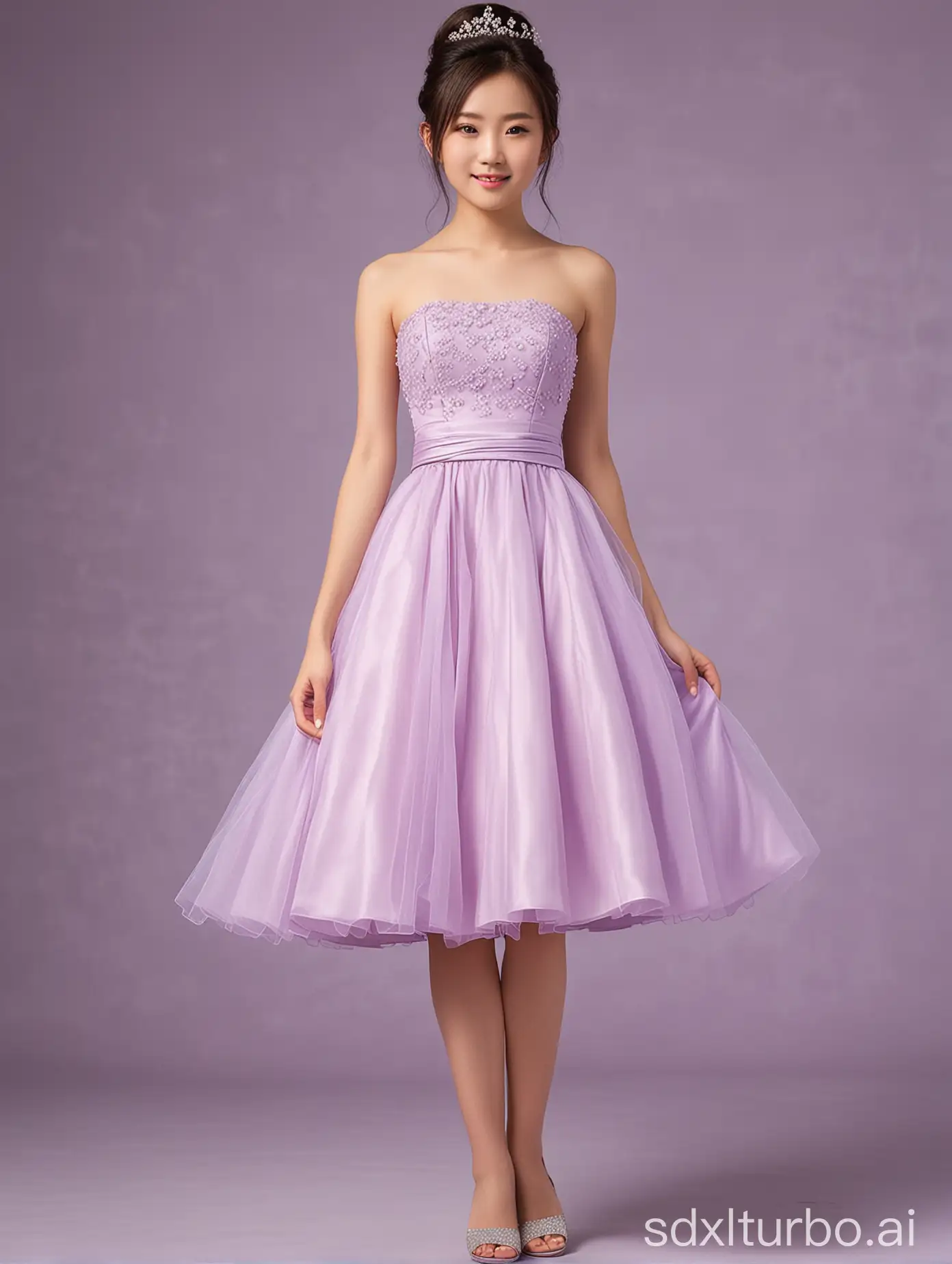 12yo,1girl,Japanese,light purple strapless short wedding dress,full body