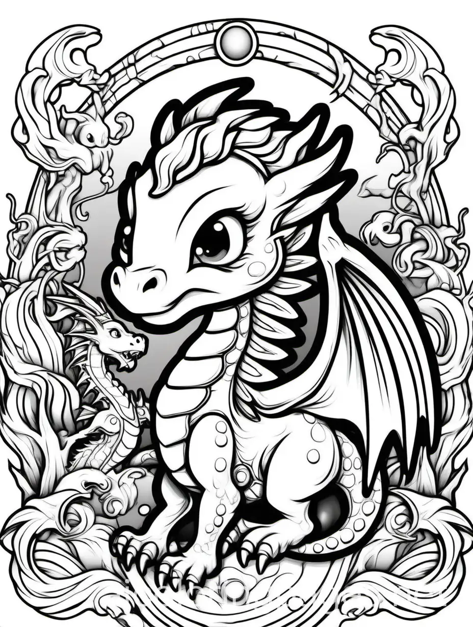 Chibi dragon playing with other fantasy creatures like fairies or unicorns.
, Coloring Page, black and white, line art, white background, Simplicity, Ample White Space. The background of the coloring page is plain white to make it easy for young children to color within the lines. The outlines of all the subjects are easy to distinguish, making it simple for kids to color without too much difficulty