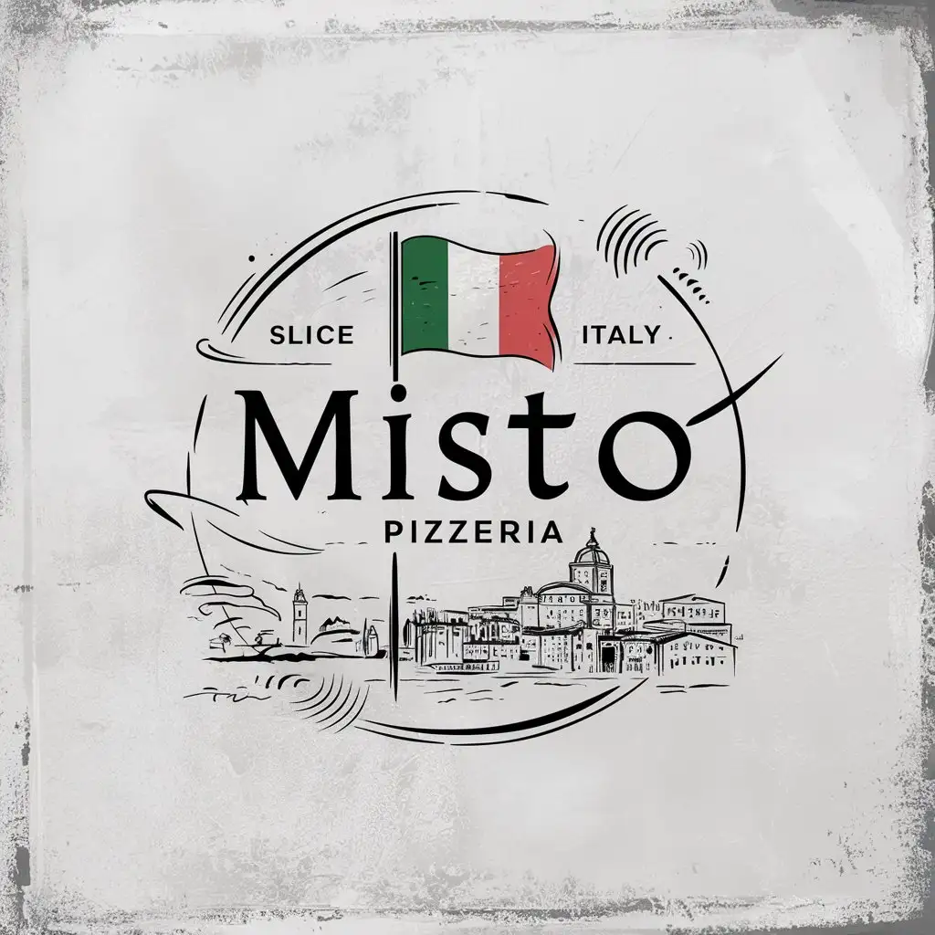 Misto Pizzeria Emblem with Sketched Italian City on Textured White Background