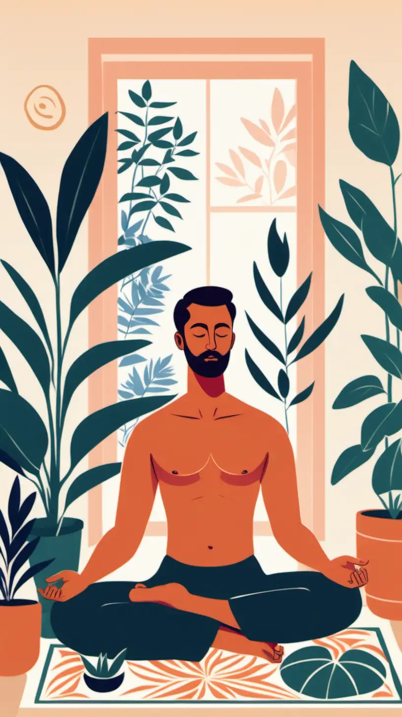 A flat illustration of a handsome man doing meditation, with plants in the house, Matisse poster, calming colors