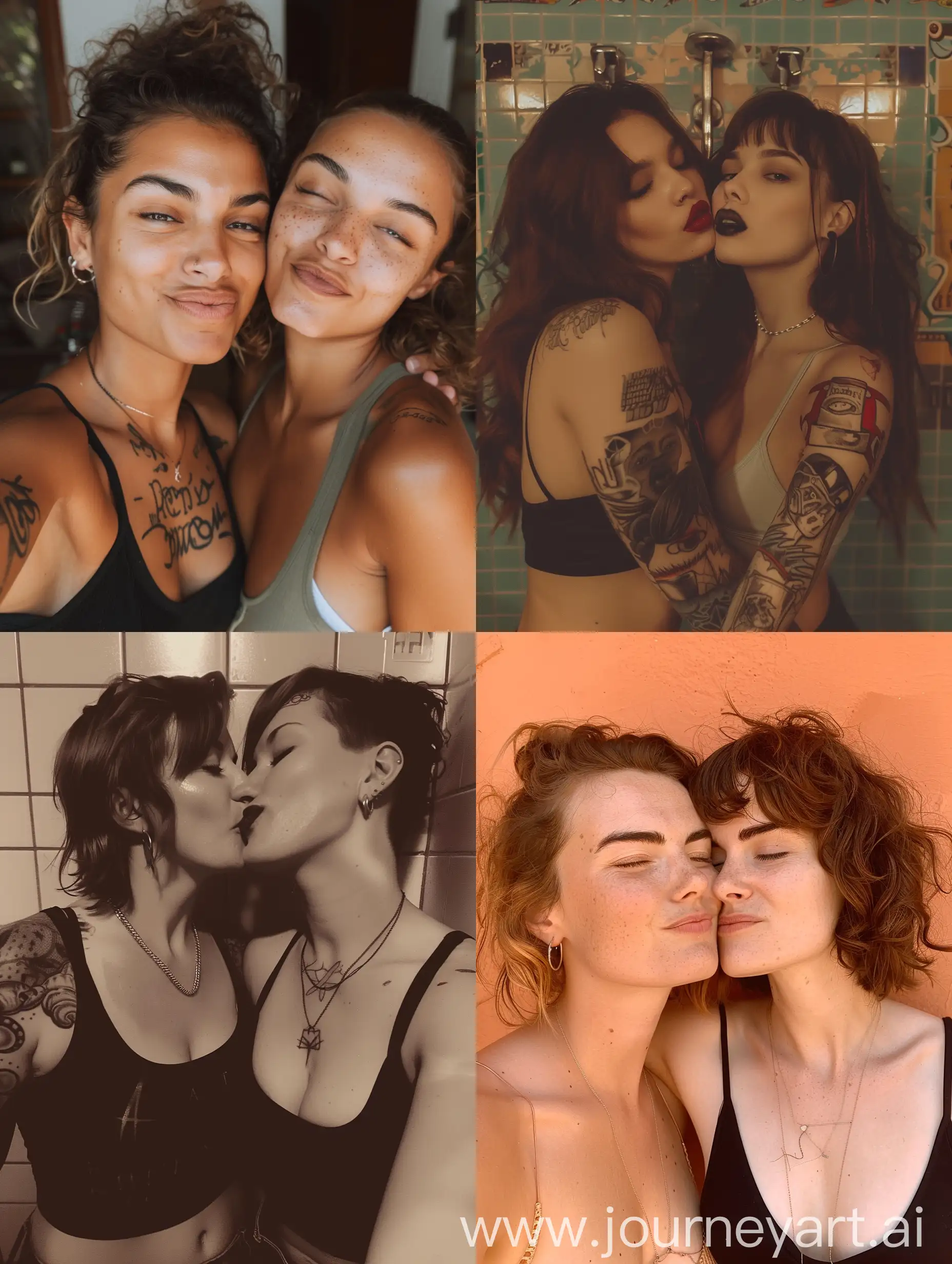 Intimate-CloseUp-Portrait-of-Two-Women-Kissing-Cheek-in-Lavatory