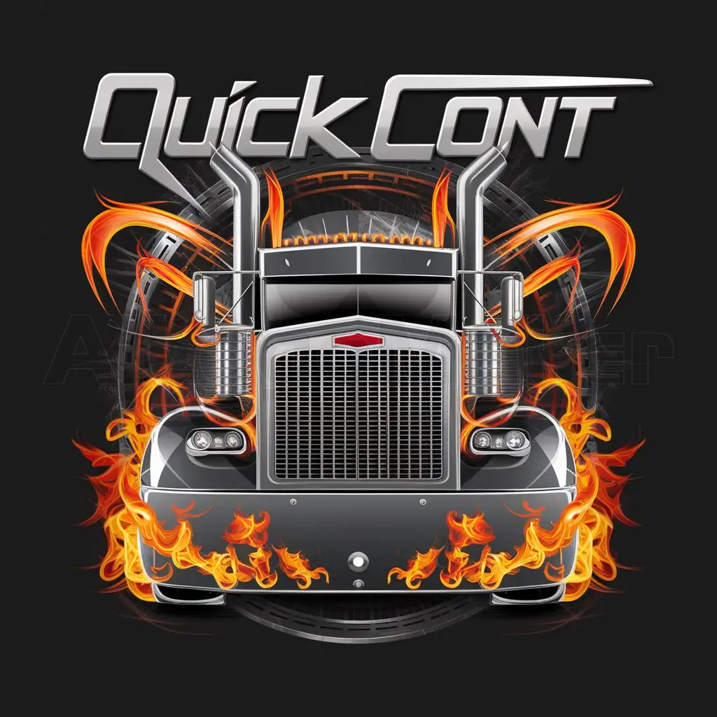 a logo design,with the text "QUICK CONT", main symbol:Symbol: front view of a large truck with high chromed exhaust pipes and a powerful grille radiator, which are accentuated by bright orange and red flame elements, surrounded by artistic fire effects. The headlights and other parts of the truck are also illuminated by fire elements, giving it an aggressive and dynamic look. The whole composition is done in dark tones with prevalent fiery effects, creating an impression of power and speed.,complex,clear background