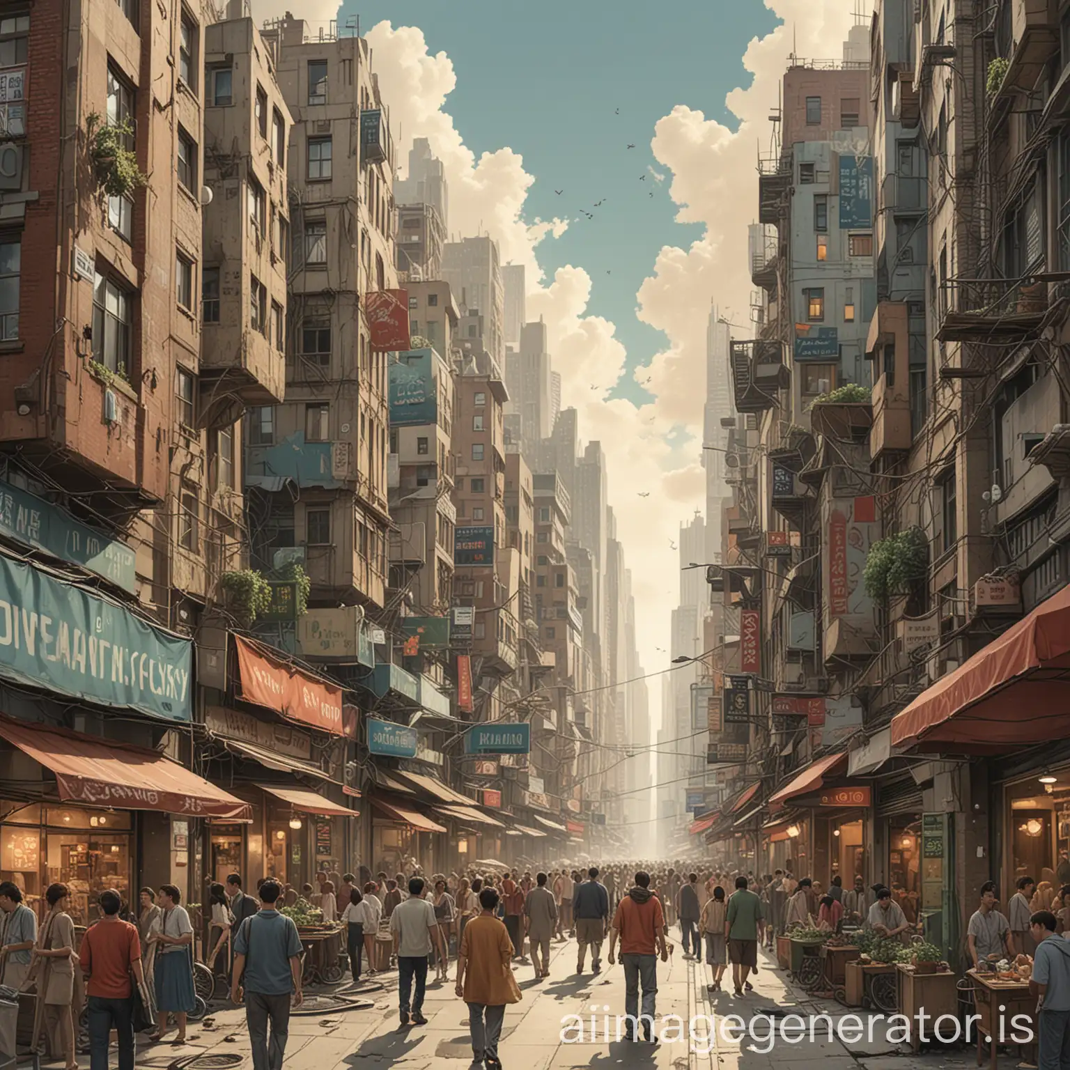 Panel 1: A bustling cityscape, with buildings stretching towards the sky. People are going about their daily lives.