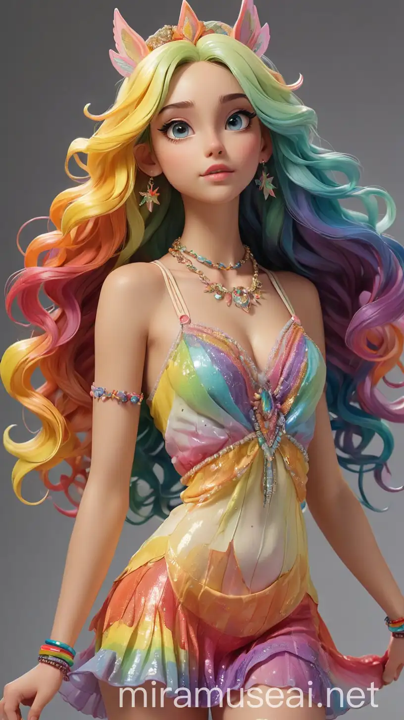 A vision of colorful beauty, Rainbowa radiates vibrant energy wherever she goes. With a slender, athletic build and creamy ivory skin, her kaleidoscopic eyes and long flowing hair cascade in waves of rainbow gradients. Her outfit blends 2020s Rainbowcore, High School Dream, Magical Girl, and Rainbow Riot aesthetics with Unicorncore elements and a nod to her Hellenic heritage. She wears a stunning rainbow gradient sundress adorned with sequins and beads, shimmering with iridescence. Accessories include a delicate circlet, a rainbow-colored choker necklace, sparkling bracelets and cuffs, and iridescent heels with rainbow straps. Adding to her whimsical charm, she has iridescent fairy wings that flutter ethereally. Bold and playful makeup in vibrant colors complements her glossy rainbow gradient lips, reflecting the joy and wonder she brings wherever she goes. 