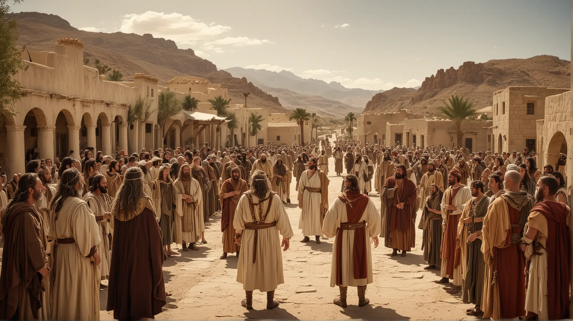 The biblical King David talking to Levitical priests in a Desert Town. Set during the biblical era of King David.