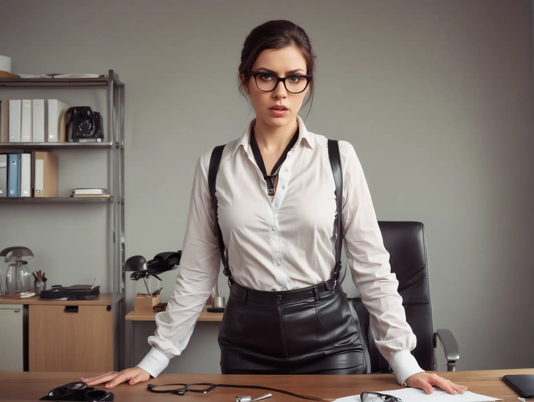 A Business woman is standing in front of her desk in her modern office. She is staring at me with an extremely stern look on her face. She is about 35 and is wearing glasses. She is holding a leather spanking strap.