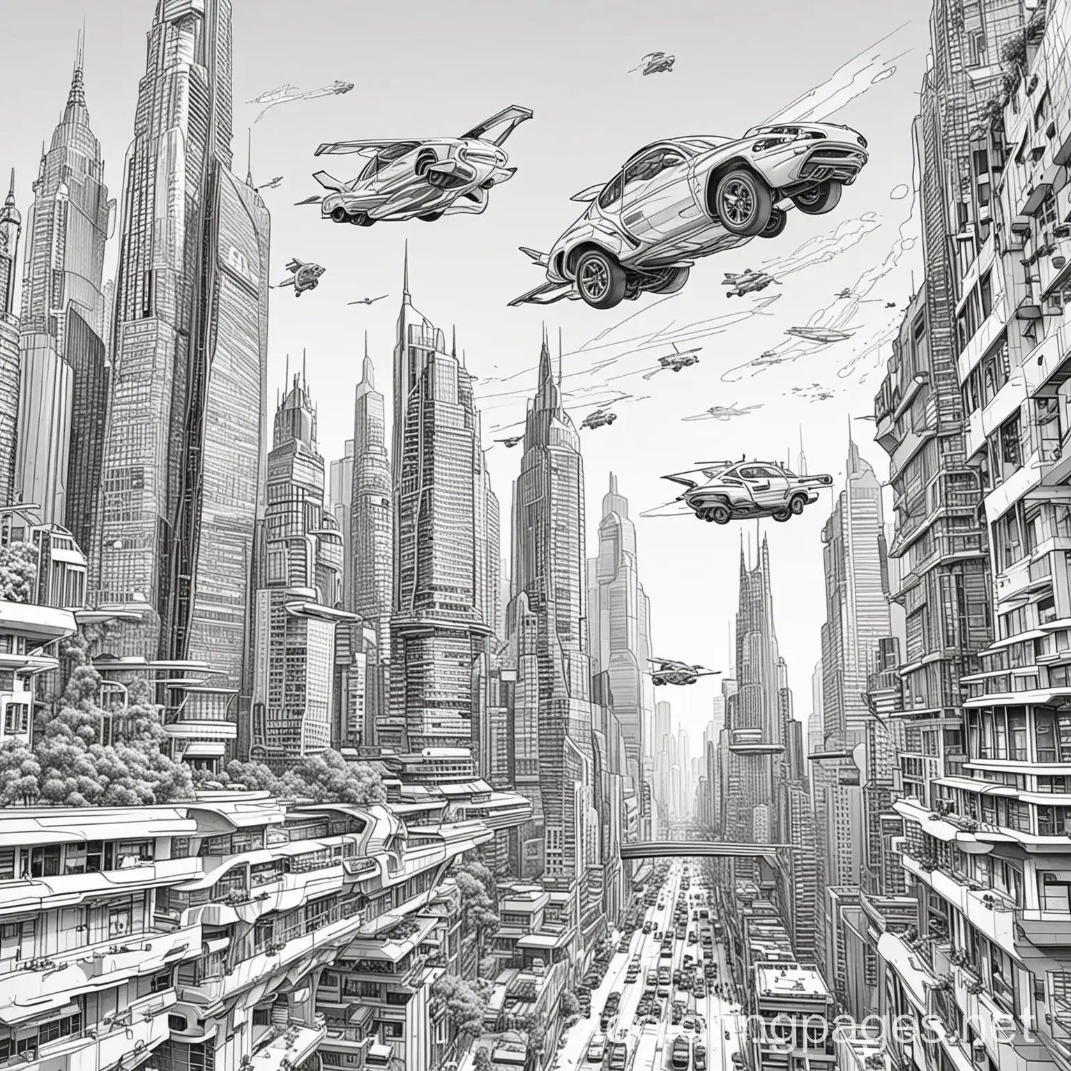 (A futuristic cityscape with towering skyscrapers and flying cars), Coloring Page, black and white, line art, white background, Simplicity, Ample White Space. The background of the coloring page is plain white to make it easy for young children to color within the lines. The outlines of all the subjects are easy to distinguish, making it simple for kids to color without too much difficulty