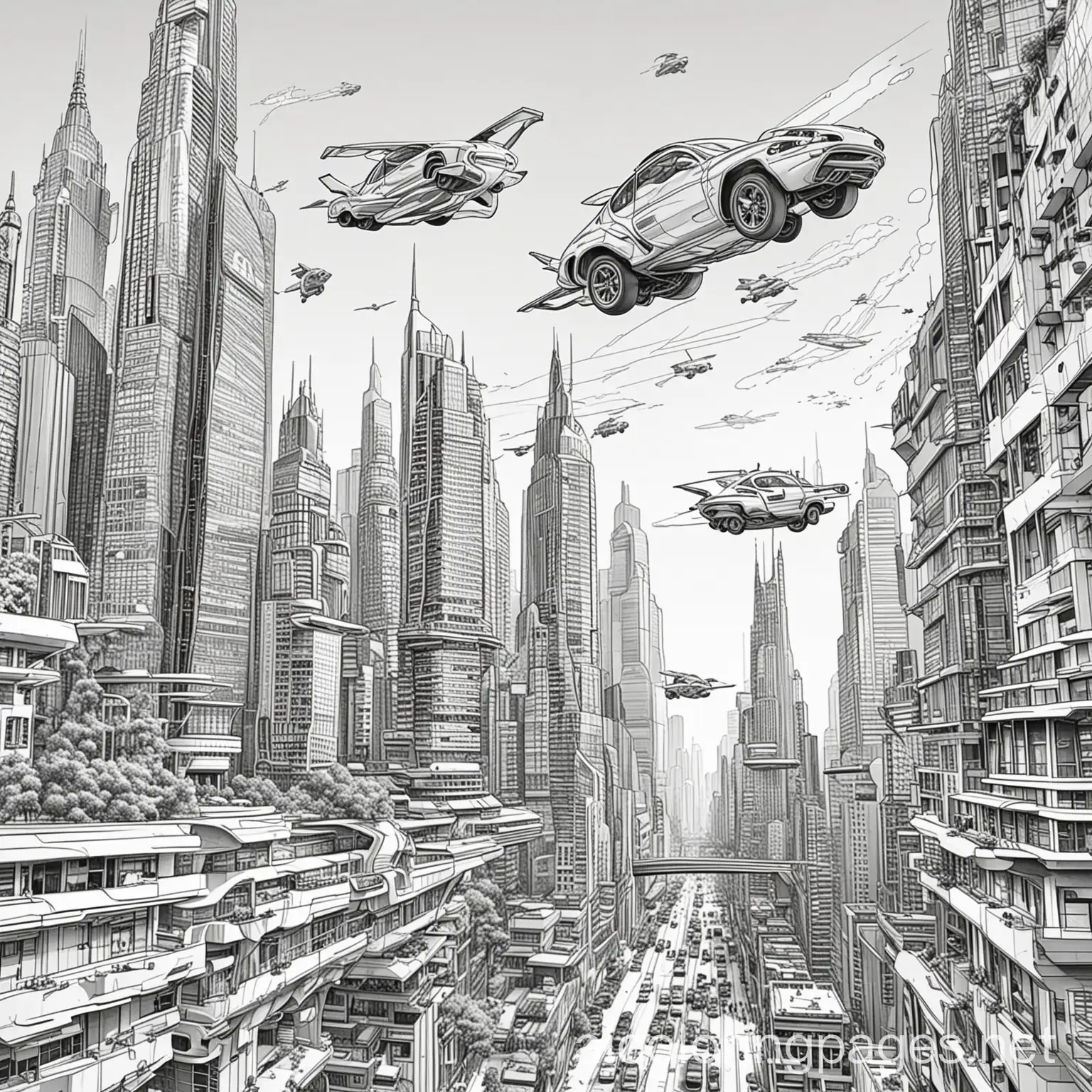 Futuristic-Cityscape-with-Skyscrapers-and-Flying-Cars-Coloring-Page