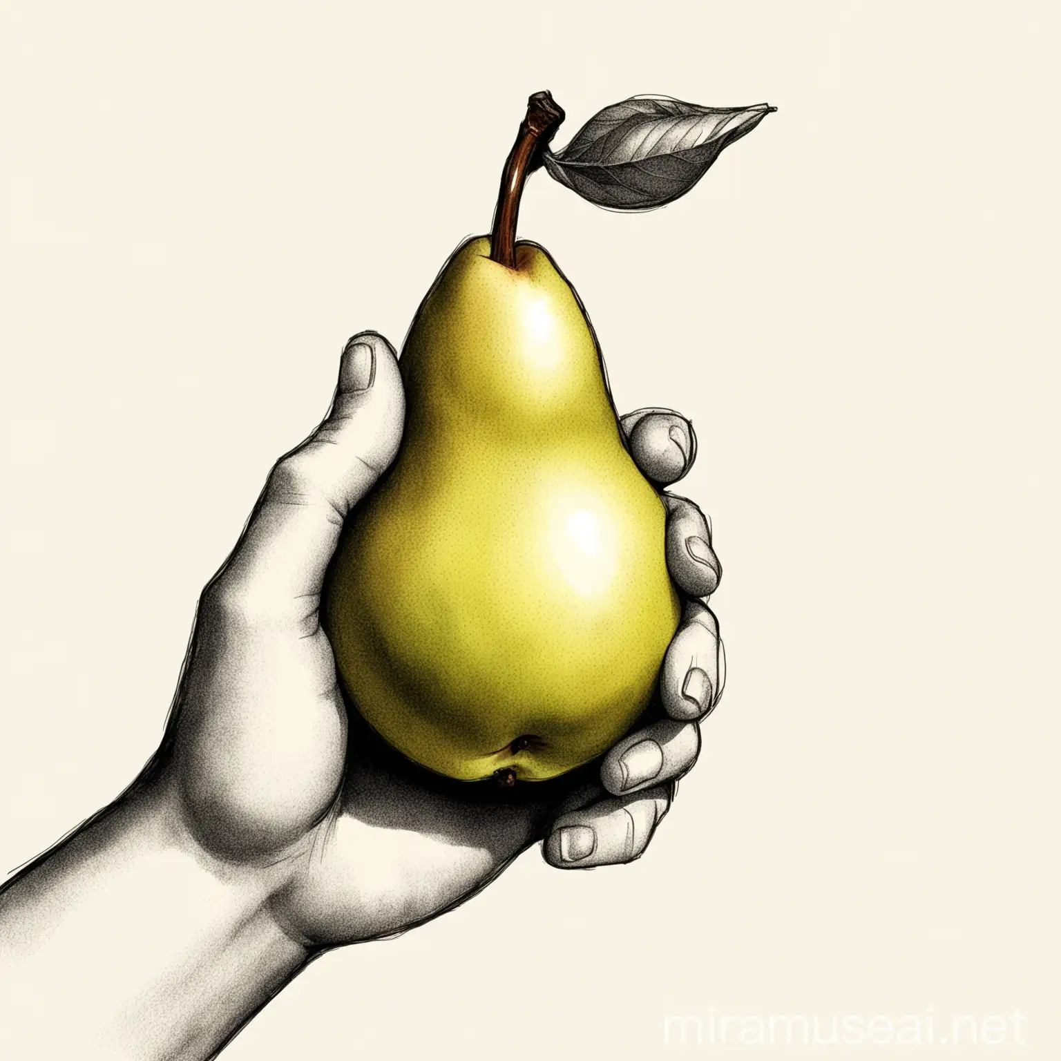 drawing of hand holding a pear