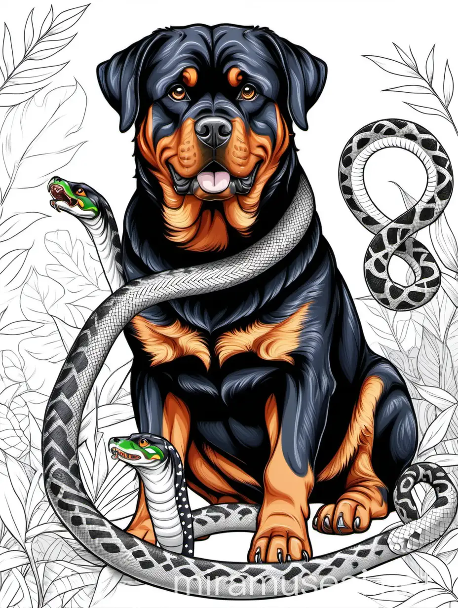 Rottweiler Dog and Serpent Duo Intricate Coloring Page for Adult Relaxation