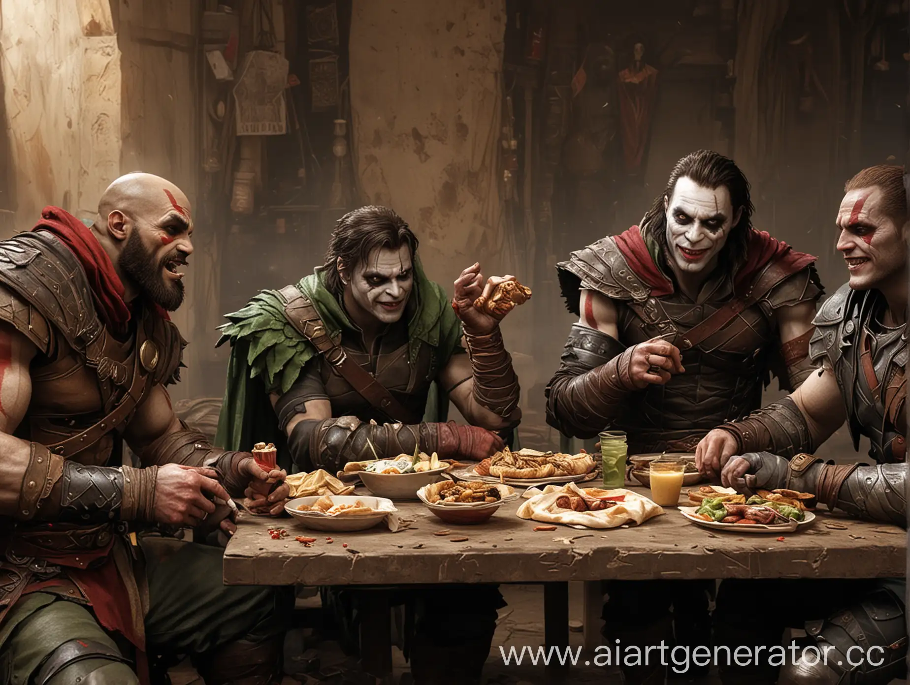 Кратос, Вито, Локи, Джокер сидят и кушает шаверму