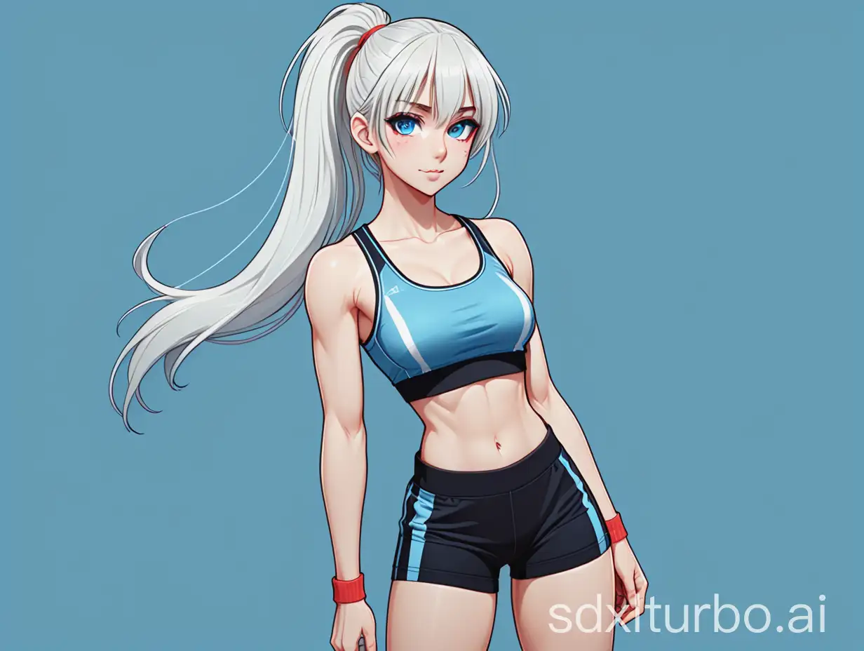 anime girl. toned athletic body. 2 size breasts. full height. beautiful well-drawn face. happy face. white long hair. hair with a fringe. ponytail with red rubber band. light blue eyes. thin eyebrows. fitting blue top with black border. cropped top. tight sports black shorts. fabric inserts on the shorts with light blue lines. white sneakers. white socks.