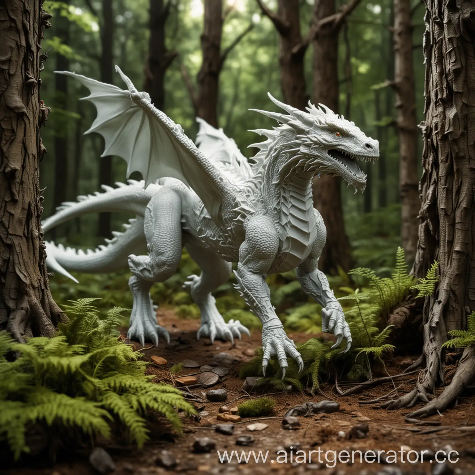 Дракон, напечатанный на 3д принтере, охотится на диких зверей в лесу, напечатанных на 3д принтере