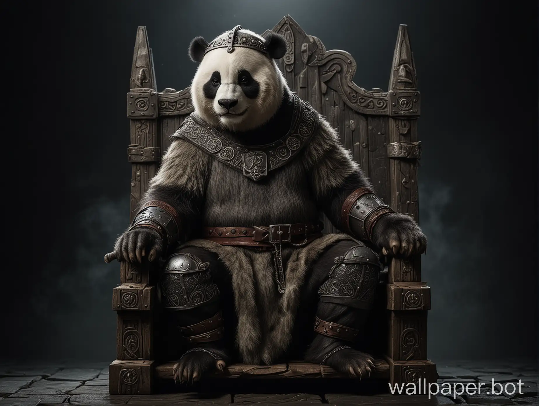 A Viking panda sitting on a throne with a dark background