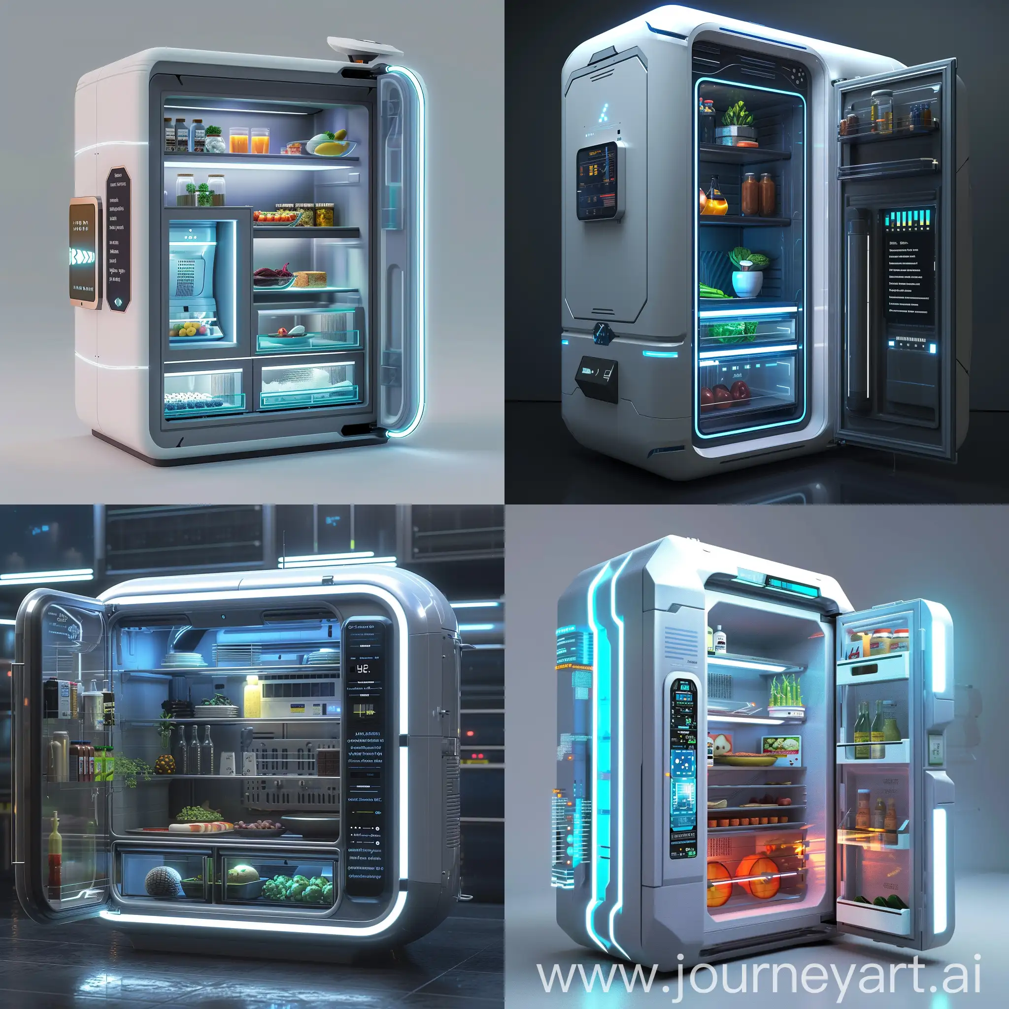High-tech futuristic fridge, Multi-Zone Climate Control, Transparent OLED Touchscreen Panels, Advanced Compressor Technology, UV-C Sterilization, Smart Inventory Management, Automated Shelf Adjustment, AI-Powered Food Recognition, Modular Design, Energy Harvesting, Vacuum Insulation Panels, Nano-Refrigerants, Self-Cleaning Surfaces, Nano-Sensors, Thermo-Electric Cooling Elements, Nano-Filtered Air Circulation, Quantum Dot Displays, Nanocomposite Materials, Magnetic Refrigeration, Nano-Encapsulated Phase Change Materials (PCMs), Graphene-Based Cooling Systems, Smart Glass Panels, Solar Panel Integration, Interactive Display Interface, Responsive LED Lighting, Biometric Access Control, Wireless Charging Surfaces, Aerogel Insulation Coating, Ambient Temperature Sensors, Modular Attachment Points, Anti-Microbial Coating, Nano-Paint, Thermal Nanocoatings, Vibration Energy Harvesting, Nanocomposite Exteriors, Nanotech Sealants, Nano-Optimized Hinges, Electrochromic Windows, Nanofiber Air Filters, Graphene-Infused Panels, Nanostructured Surfaces, unreal engine 5 --stylize 1000