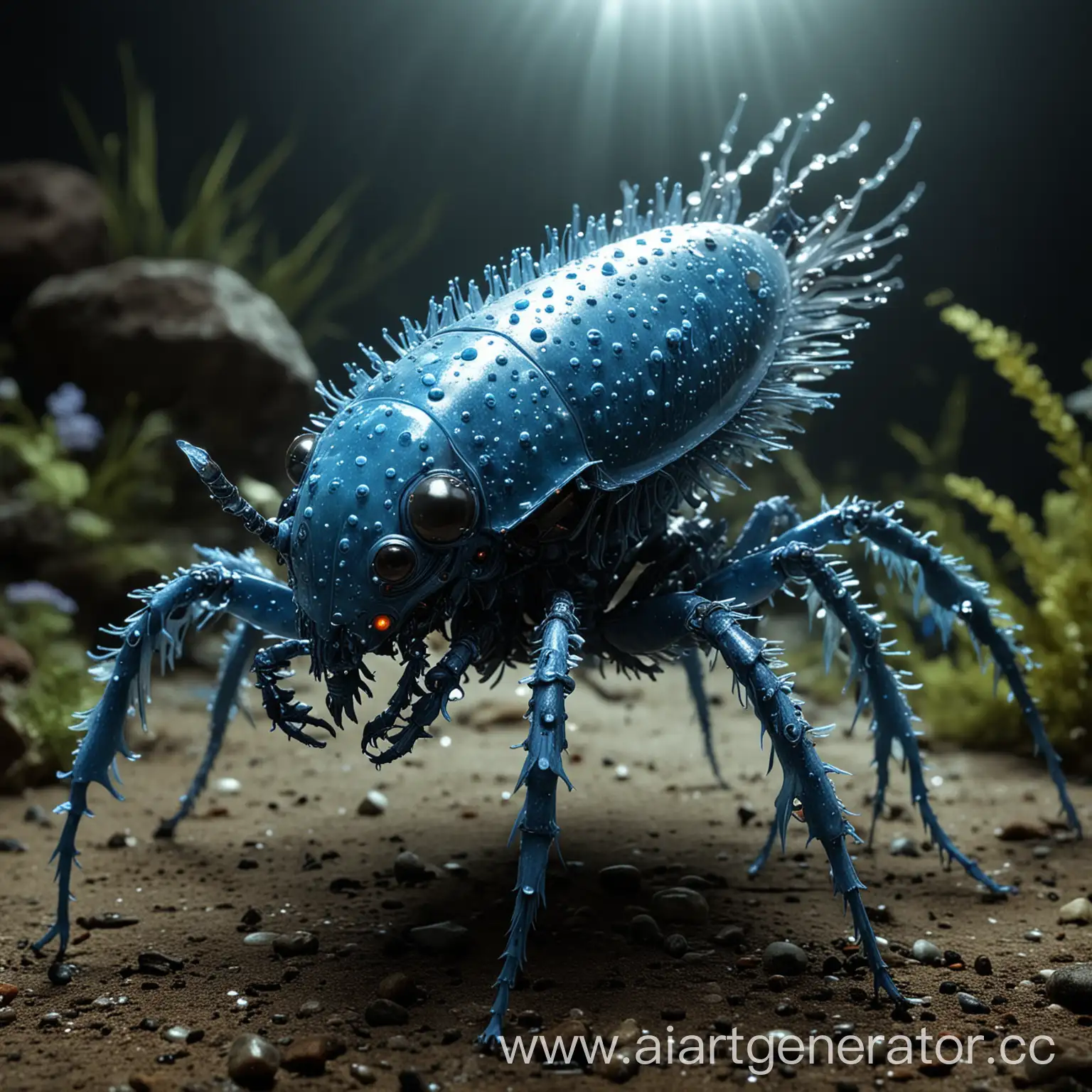 a large, hexapodal creature that resembles crustaceans and beetles. It has a spiny blue exoskeleton and a lengthy tail. Its exoskeleton is adorned with bioluminescent speckles present in either the form of rings or dots, and it has a horn protruding from its carapace. It also appears to have an electrical current running from the floating gem above its head to the gem on its tail-base.