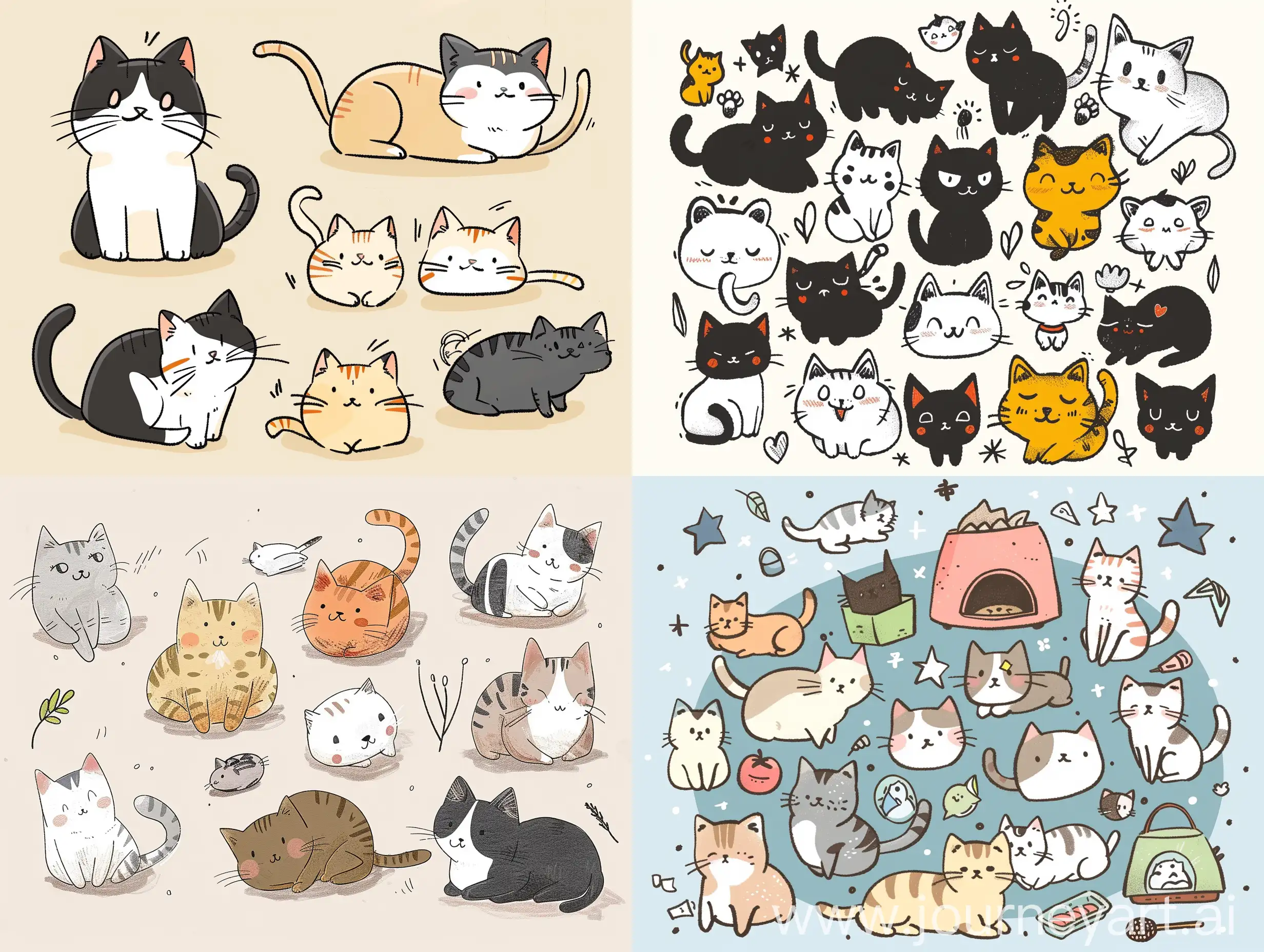 illustration of cute cats, doodle style, japan style