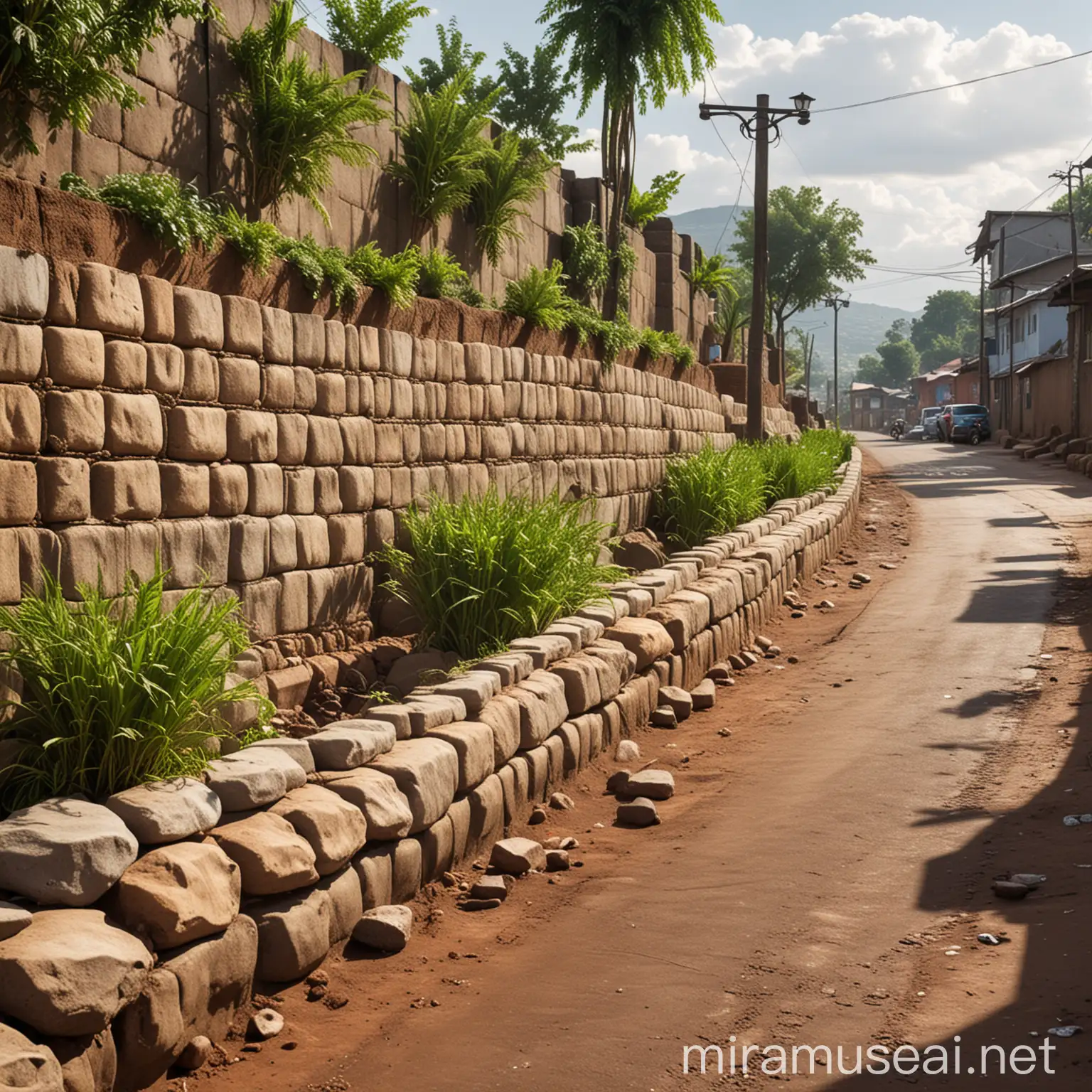 Realistic sunny image of this scene with a well printed stone retaining wall with planters and street lights in this narrow road with stormwater drainage on one side in a slum developed street in rwanda