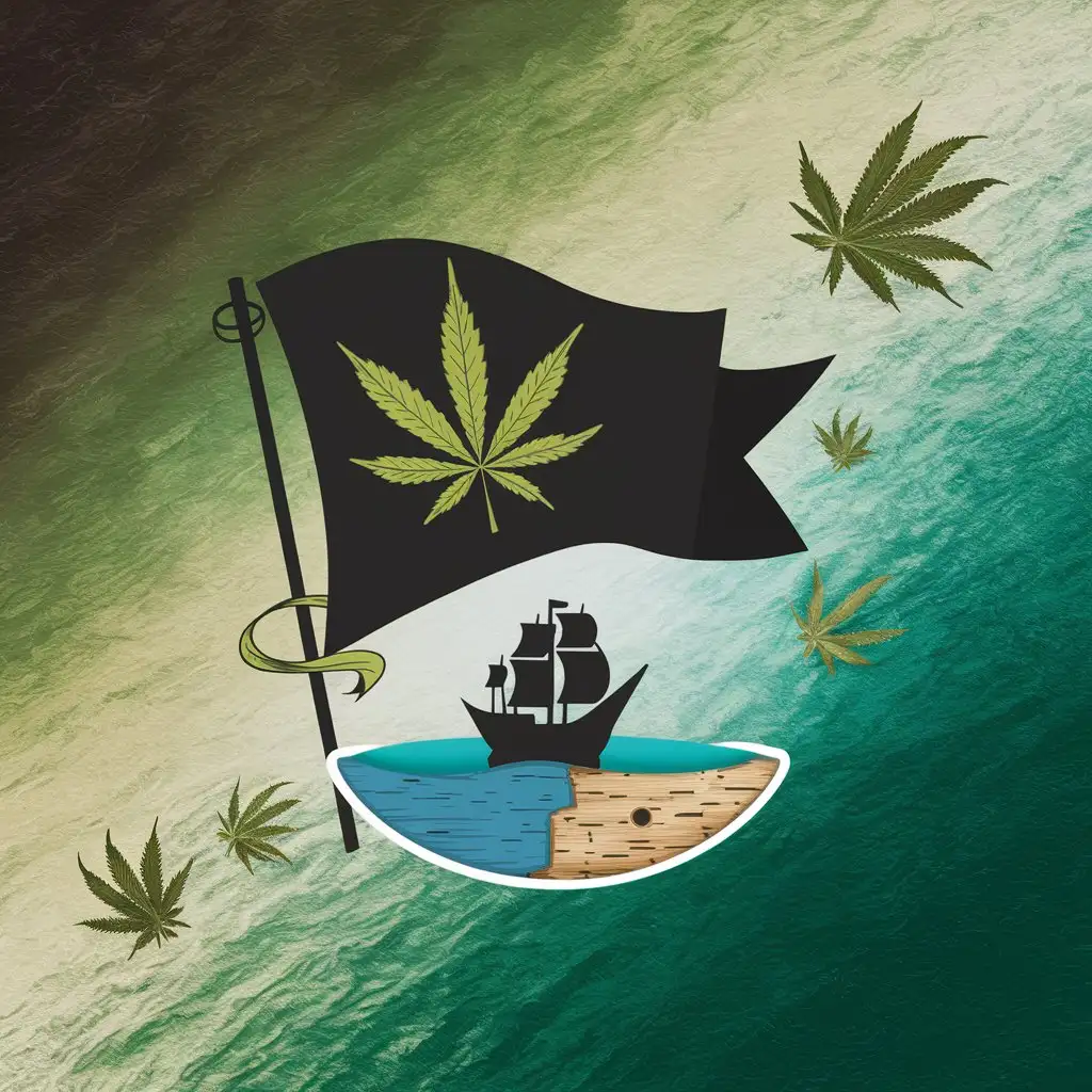 Создай аватарку в стиле сюрреализма Пиратский Флаг вместо черепа лист конопли, маленький векторный черный корабль на маленькой воде в виде круга берёзового цвета, по середине как логотип и летающие элементы каннабиса. Общий фон цвета градиент морского океана с текстурой