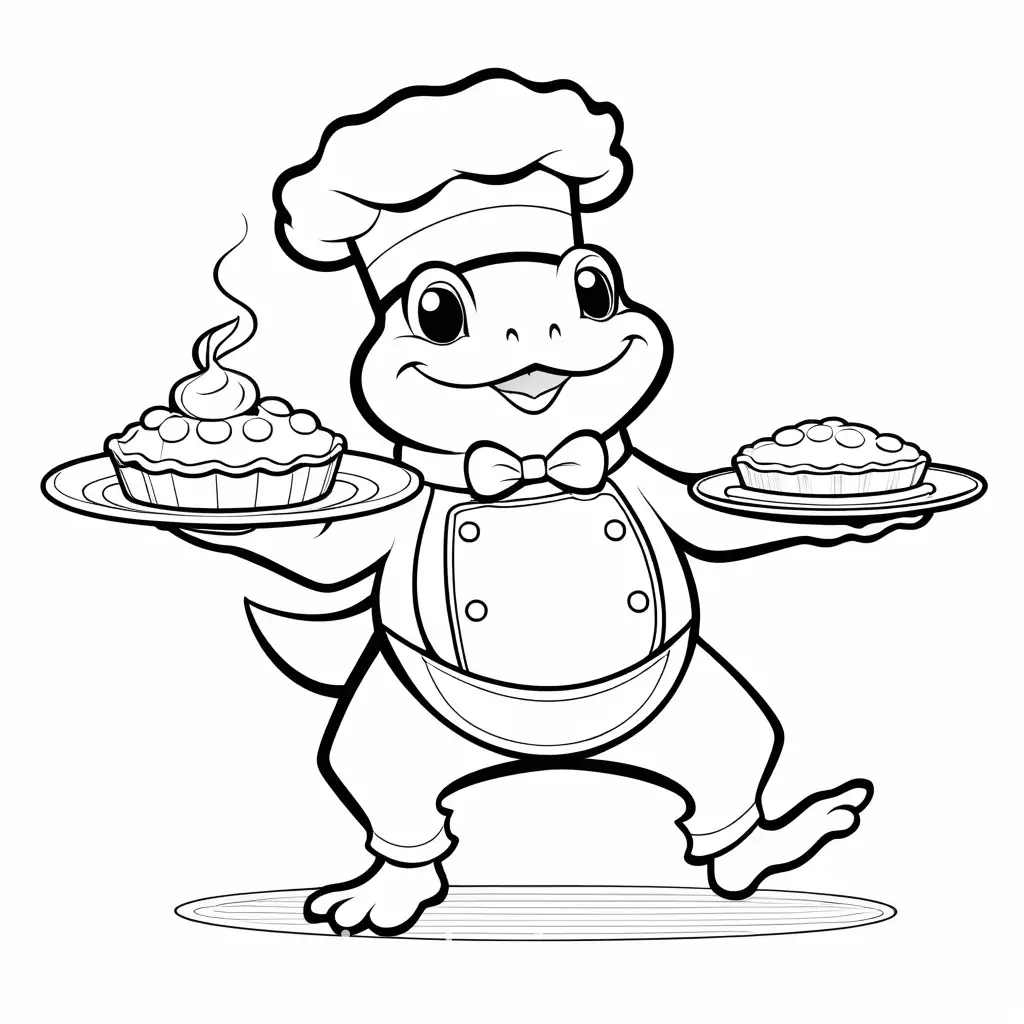 dancing cartoon toad in a chefs hat holding a pie in each hand, Coloring Page, black and white, line art, white background, Simplicity, Ample White Space. The background of the coloring page is plain white to make it easy for young children to color within the lines. The outlines of all the subjects are easy to distinguish, making it simple for kids to color without too much difficulty