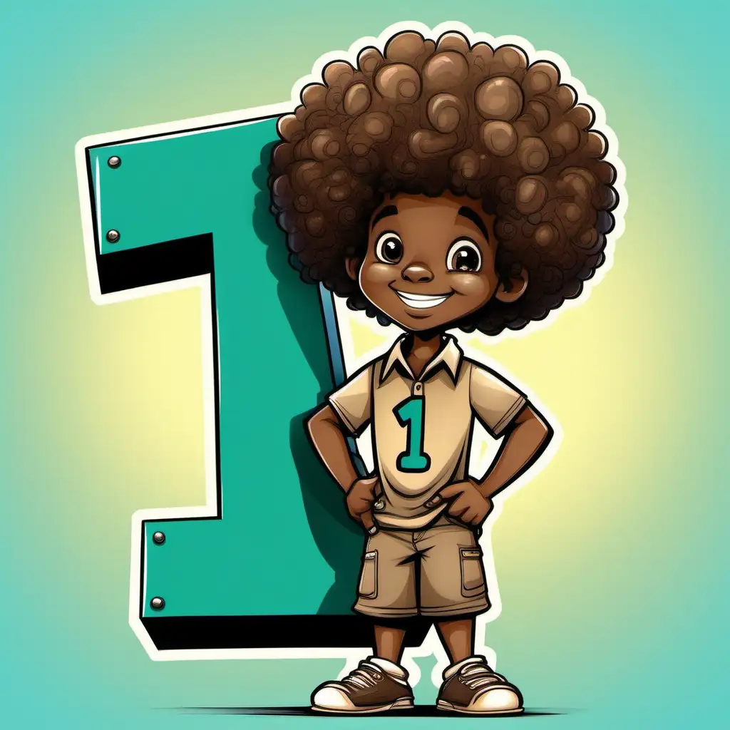 Cartoon happy african american little boy with big curly afro and dark brown eyes, standing with his arm resting on a big number 1 sign, brown and teal colors