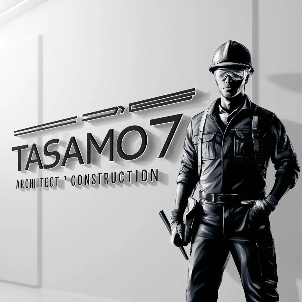 a logo design,with the text "TASAMO7", main symbol:architect engineer wears work clothes at the work site,complex,be used in Construction industry,clear background