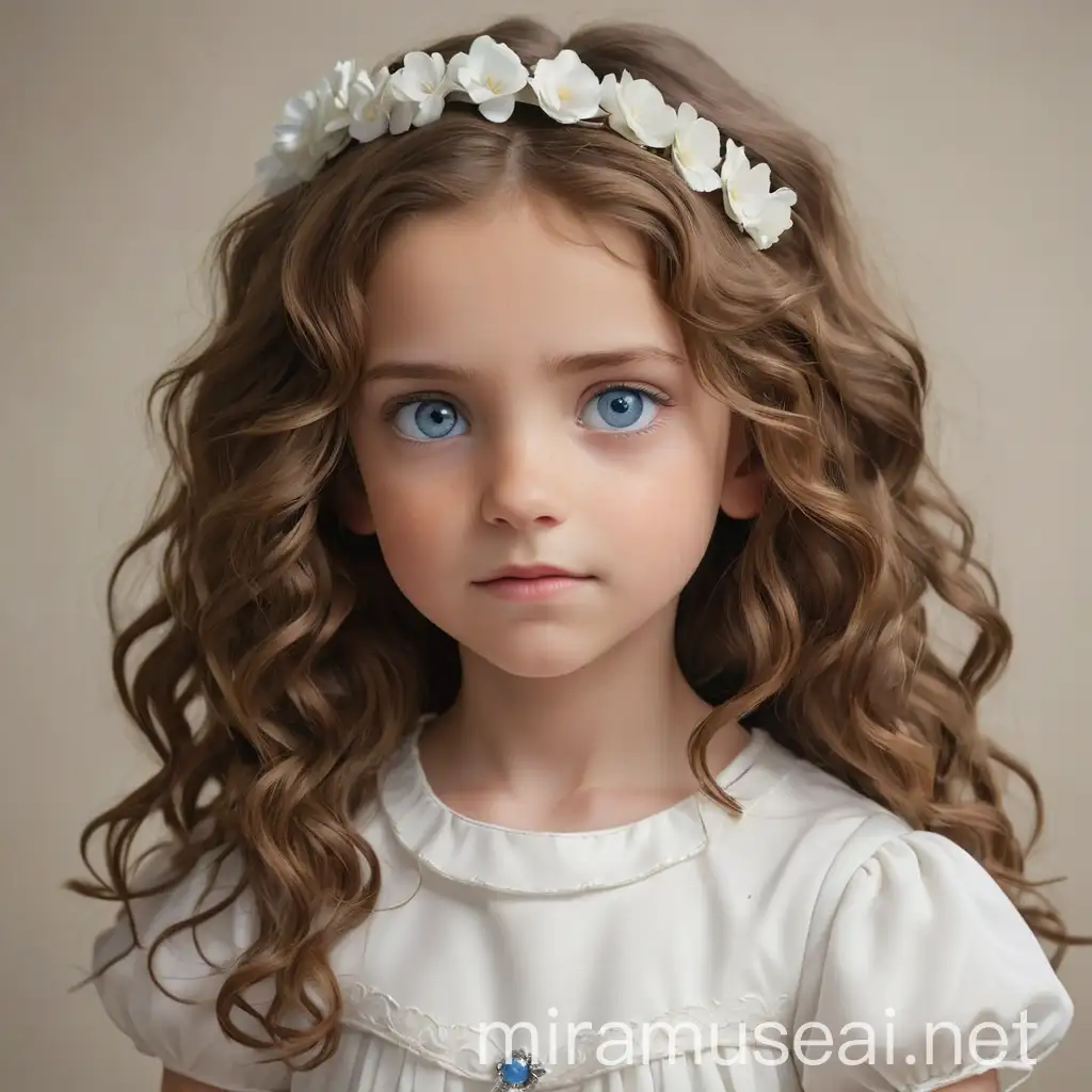 A young girl in her white dress with blues eyes and wavy fair brown hair on her first comunion