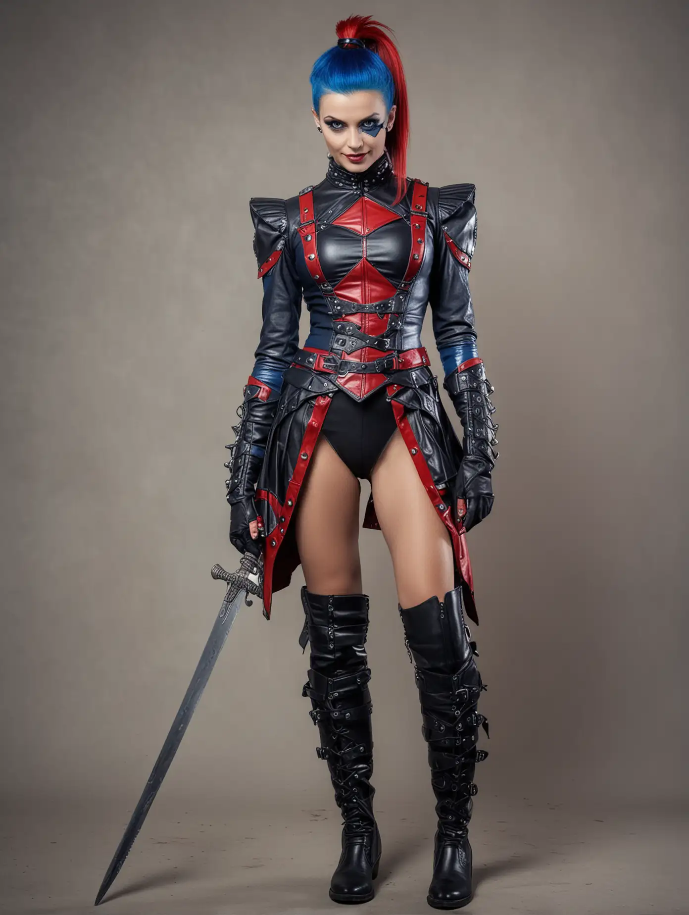woman coloured hair, ponytails, blue eyes, red and dark blue leather armour, punk harlequin makeup, sinister smile, assassin, full length, boots
