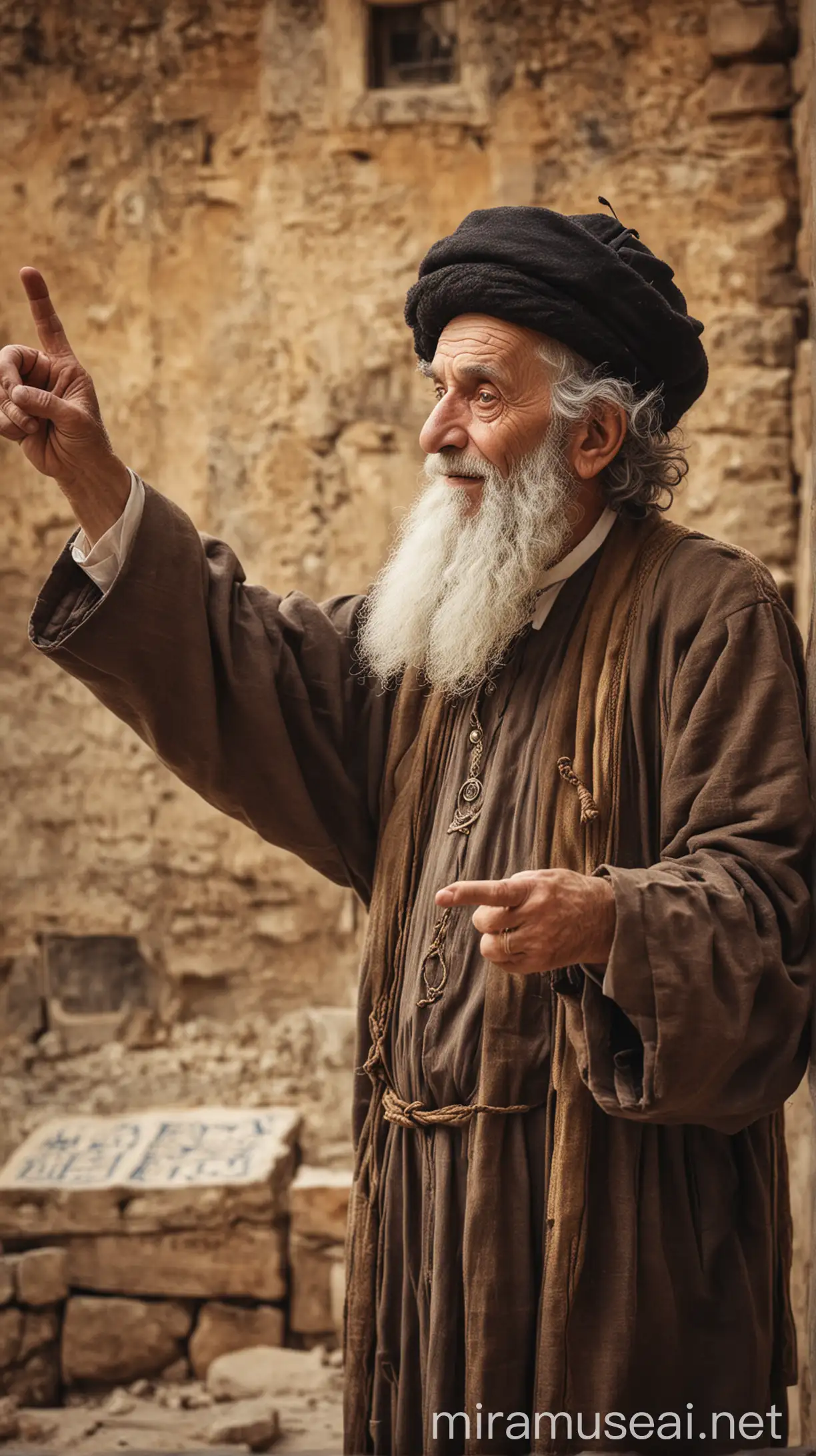 Elderly Jewish Guide Directing Travelers in Ancient Landscape