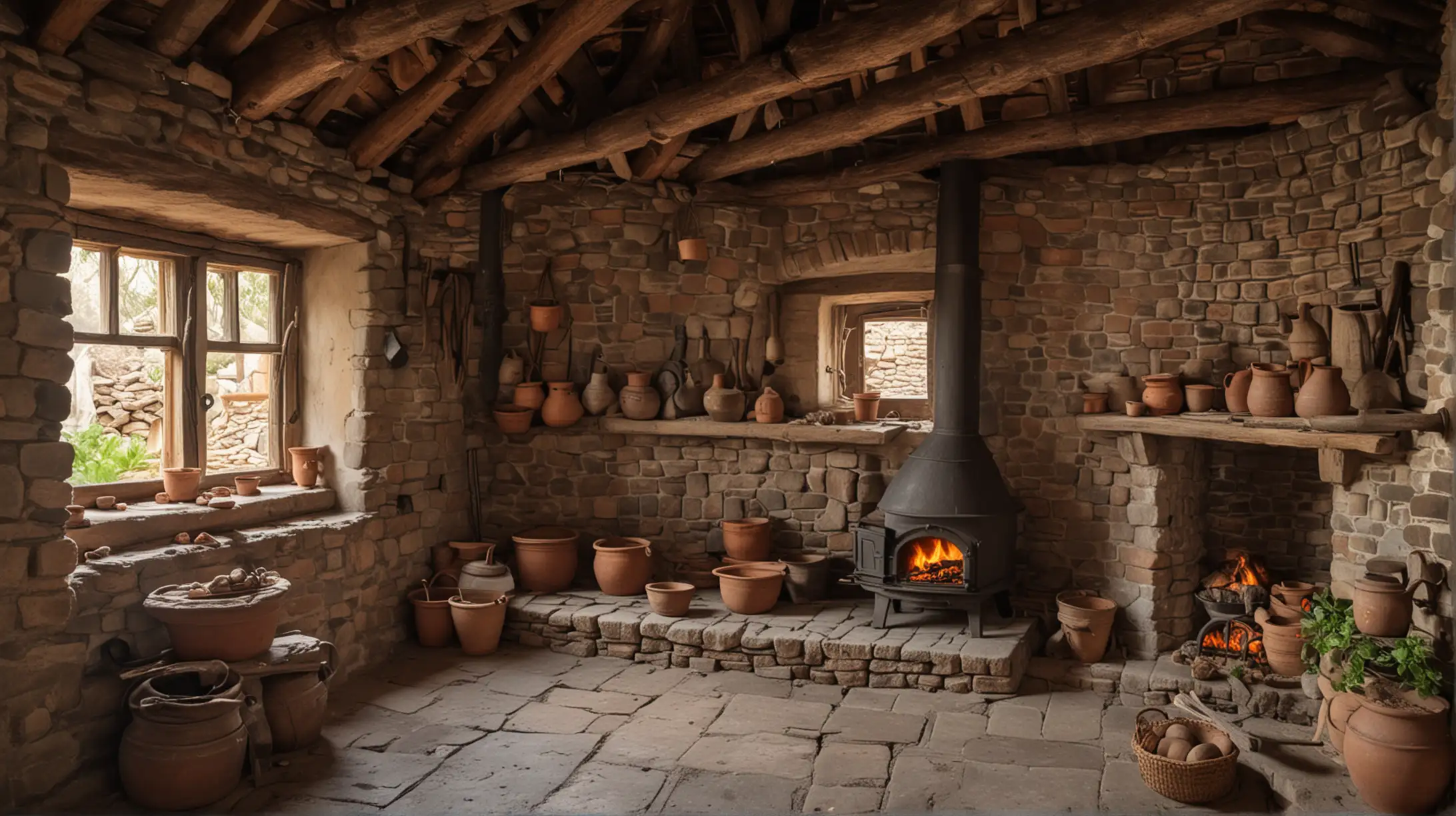 Medieval Hut with Clay Pots and Brick Stove