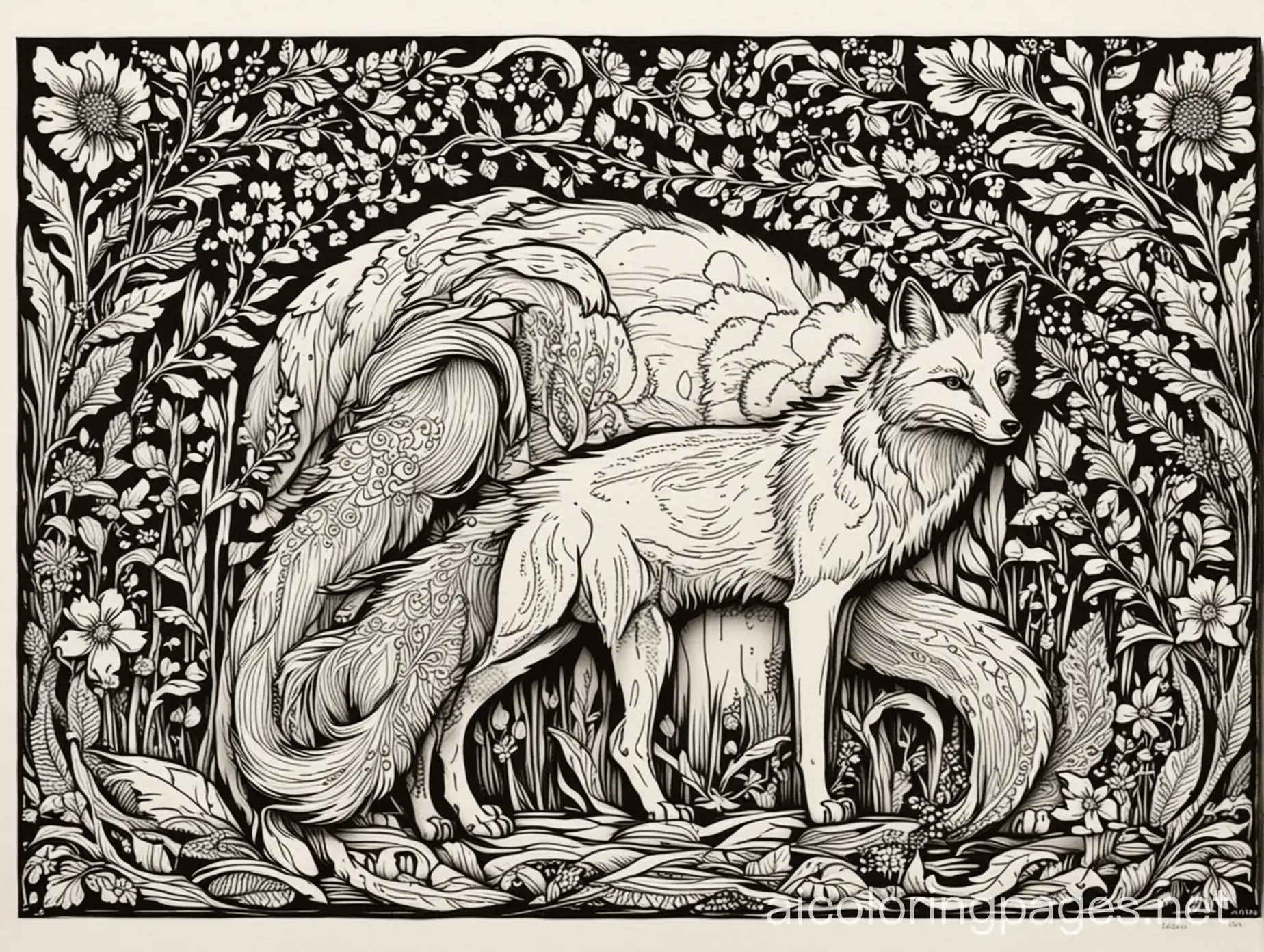 Art Nouvau fox, styled by Aubrey Beardsley and Meghan Duncanson elegant extremely detailed intricate vibrant beautiful dynamic lighting high definition crisp quality Woodcut coherent soft colors graceful linocut, Coloring Page, black and white, line art, white background, Simplicity, Ample White Space. The background of the coloring page is plain white to make it easy for young children to color within the lines. The outlines of all the subjects are easy to distinguish, making it simple for kids to color without too much difficulty