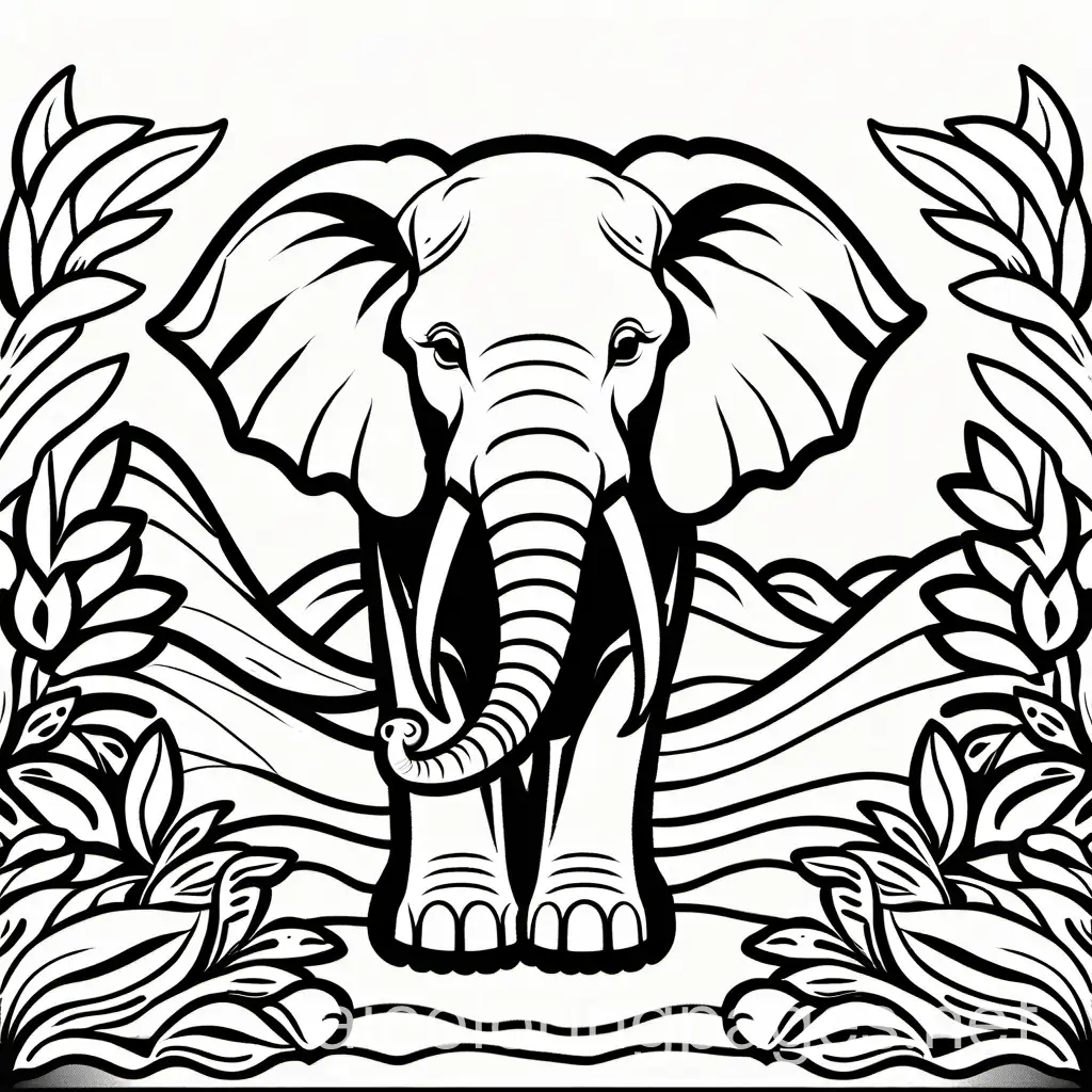 elephant, , Coloring Page, black and white, line art, white background, Simplicity, Ample White Space, Coloring Page, black and white, line art, white background, Simplicity, Ample White Space. The background of the coloring page is plain white to make it easy for young children to color within the lines. The outlines of all the subjects are easy to distinguish, making it simple for kids to color without too much difficulty