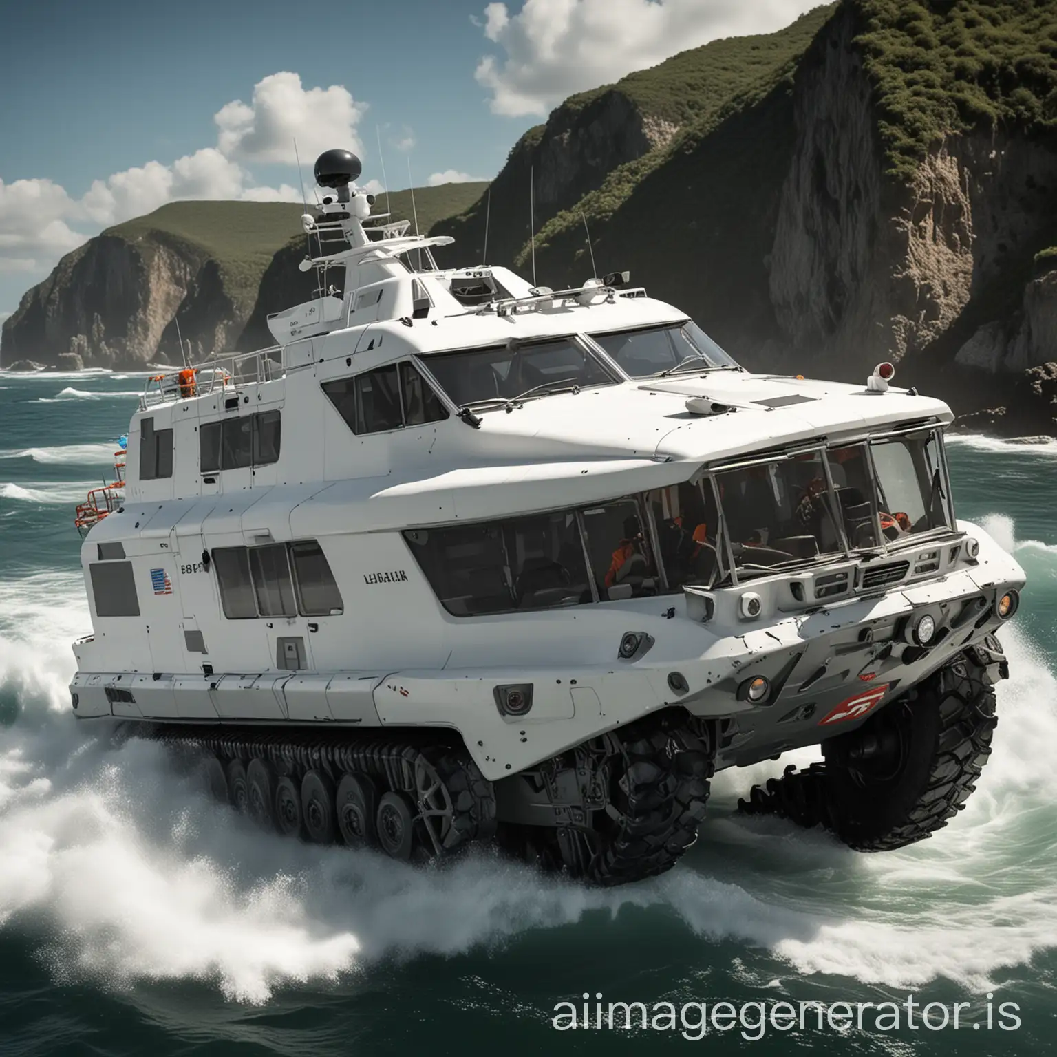 Generate images of amphibious rescue vehicles that look like a yacht