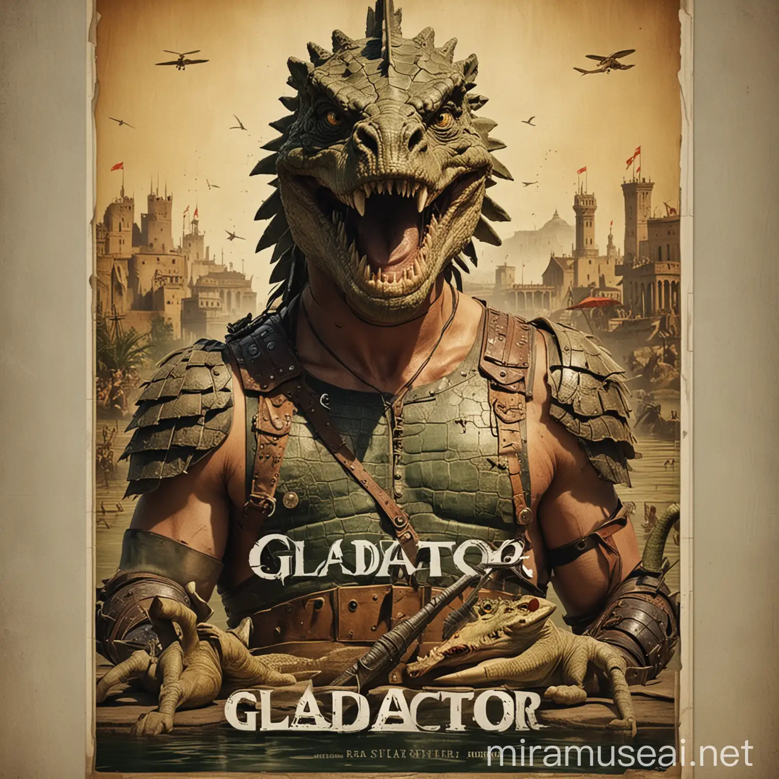 Poster for Gladiator with characters as crocodiles in the style of Bosch