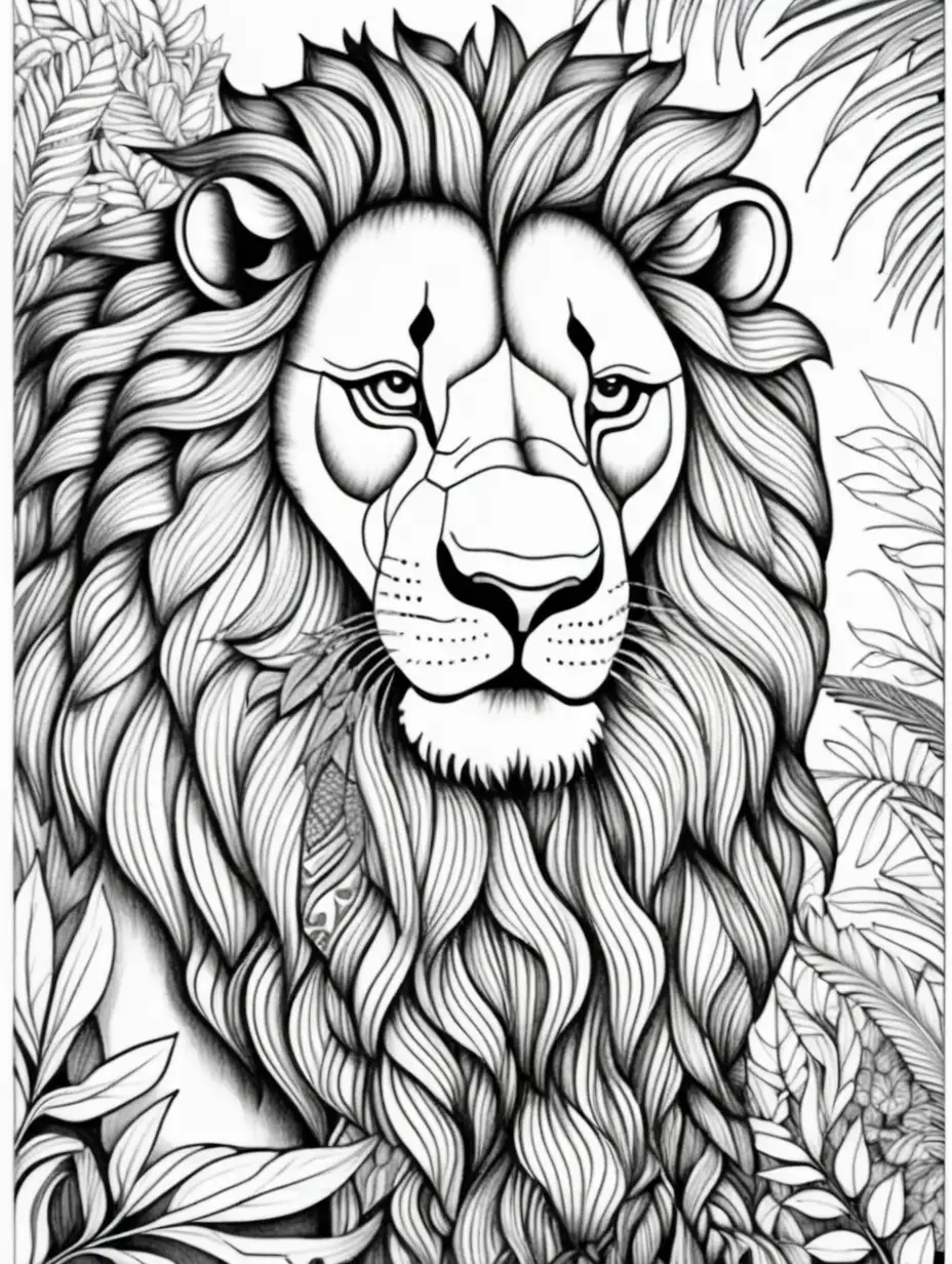 stricly black and white adult colouring page, lion, zentangle art, jungle ambiance, 2d side view, clean line art, clear line art, print quality, white background, hd No arguments