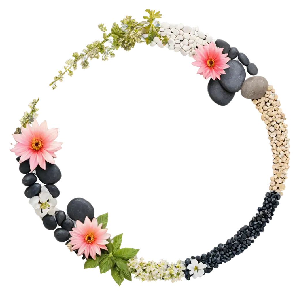 Design: Yin and yang composed of natural elements like flowers and stones.
