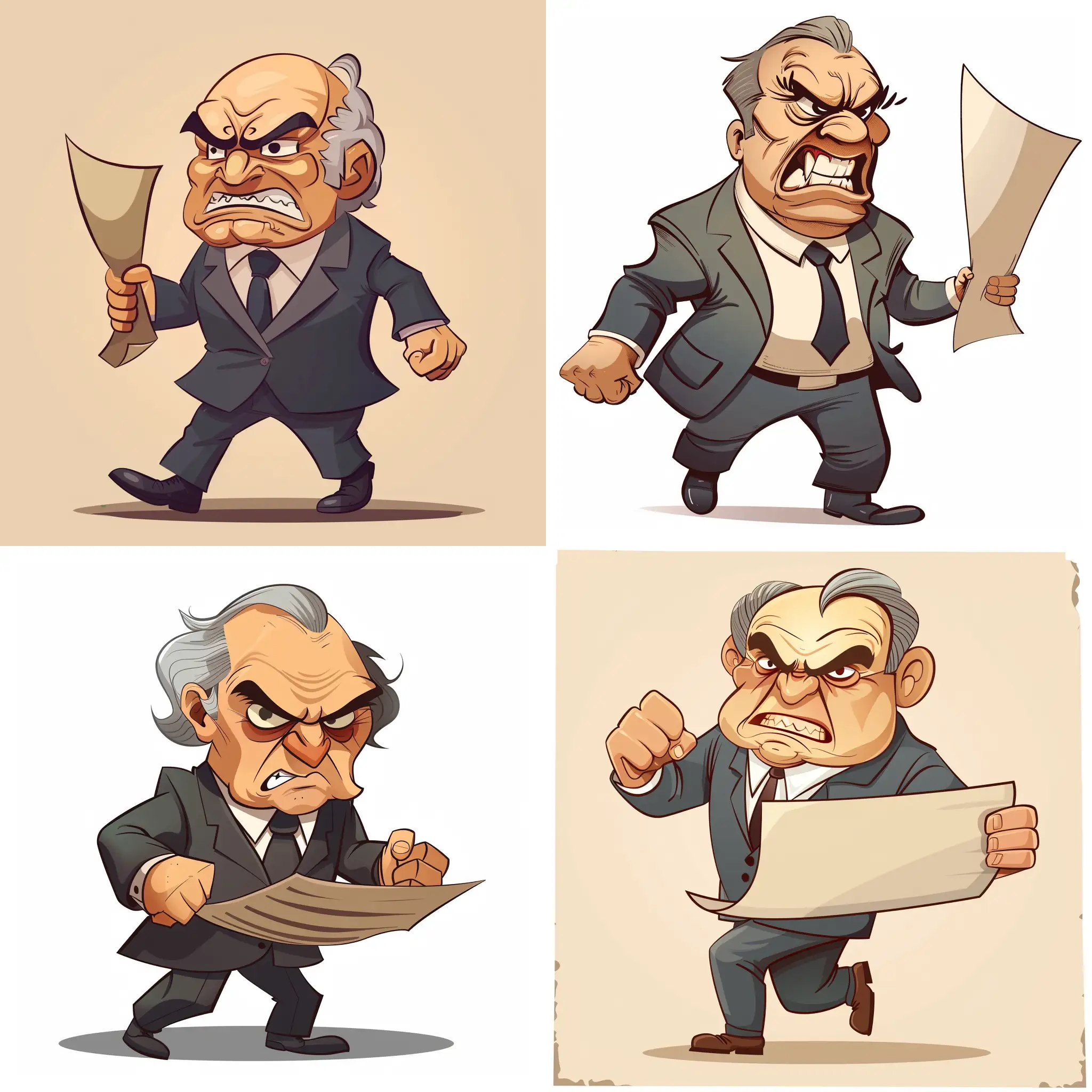 cartoon style, angry old man wearing a suit is carrying a paper