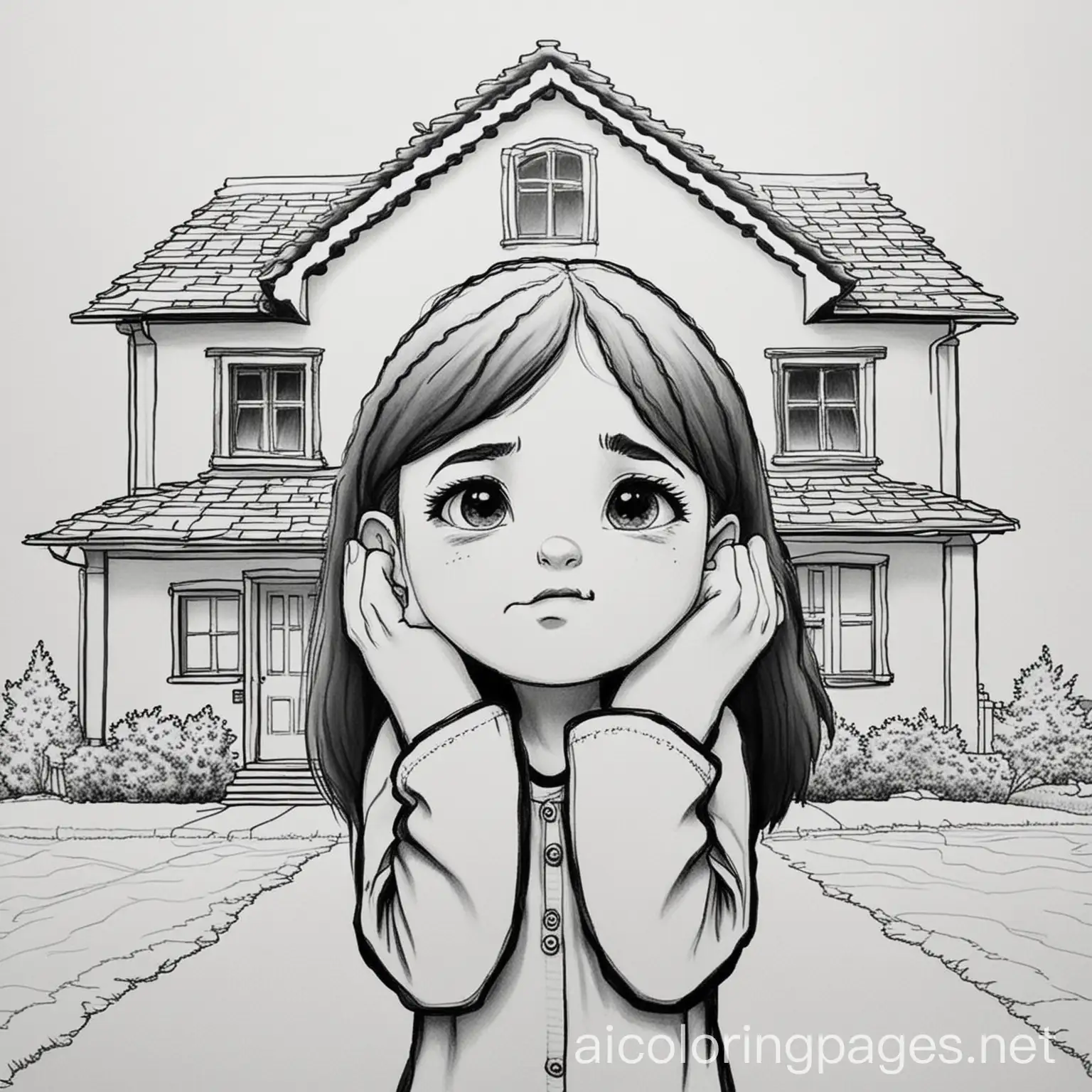 A girl standing with her fists up to her eyes crying with a house behind her. Coloring Page, black and white, line art, white background, Simplicity, Ample White Space. The background of the coloring page is plain white to make it easy for young children to color within the lines. The outlines of all the subjects are easy to distinguish, making it simple for kids to color without too much difficulty. Very simple design , Coloring Page, black and white, line art, white background, Simplicity, Ample White Space. The background of the coloring page is plain white to make it easy for young children to color within the lines. The outlines of all the subjects are easy to distinguish, making it simple for kids to color without too much difficulty