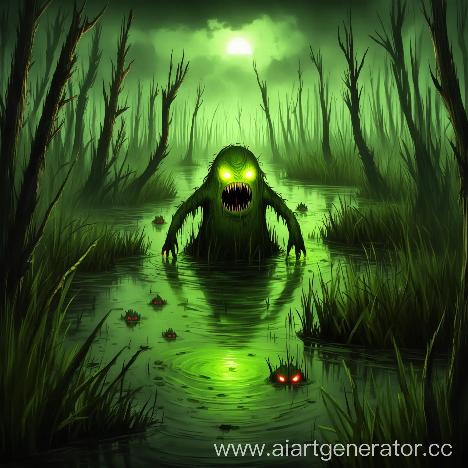 Frightening-Swamp-Creature-with-Glowing-Eyes-in-the-Dark-Marsh