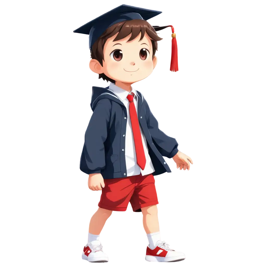 cute little school boy chibi, standing facing front using graduation coat, white colared short shirt, red shorts, sneakers