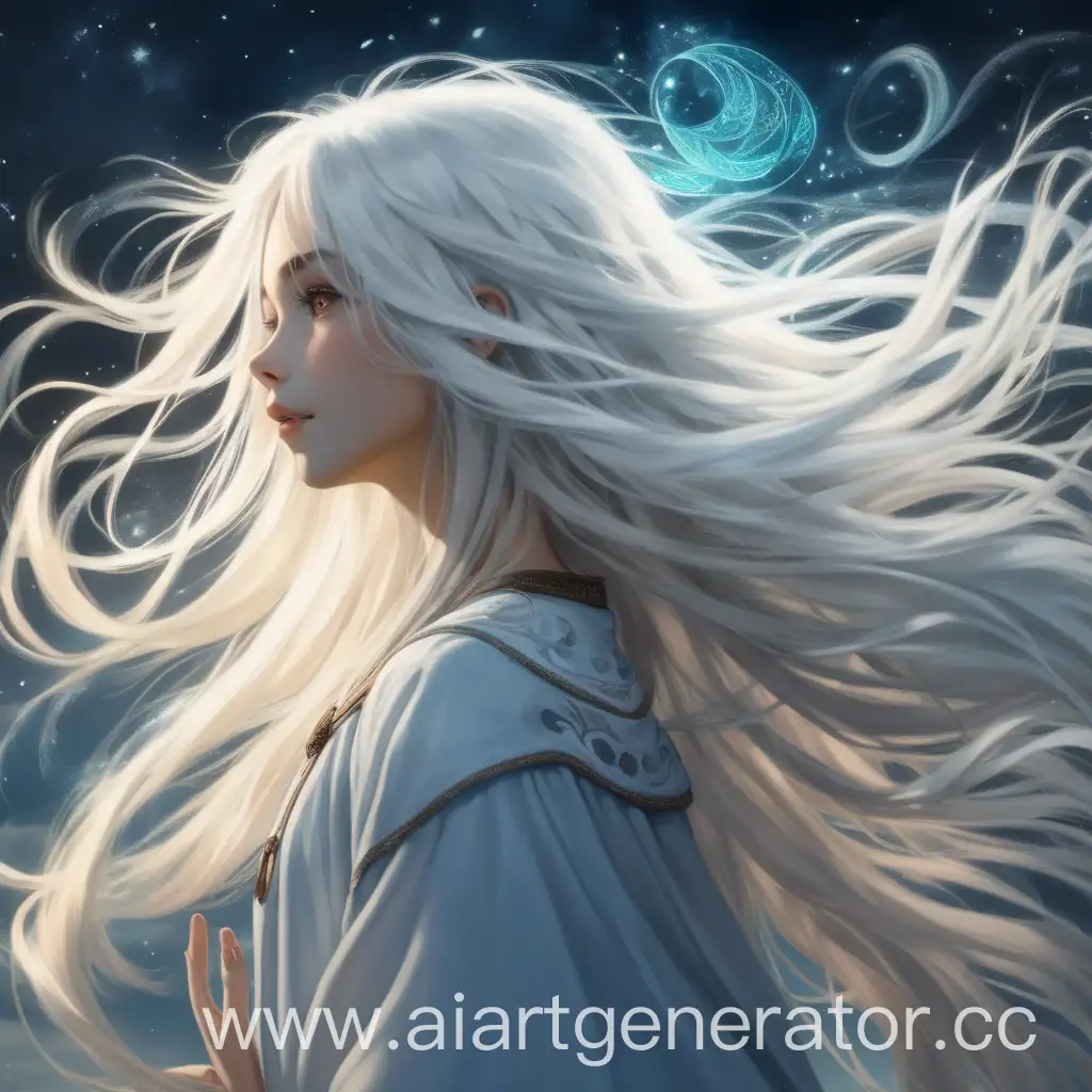 взрослая девушка с длинными белыми волосами, магия, вокруг ветер 