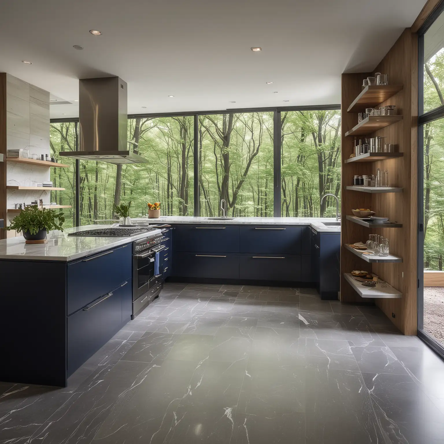 a wide distance shot of a modern kitchen Surrounded by towering trees and tranquil forest views, this kitchen showcases glossy navy blue, handle-less cabinetry and white marble countertops. Built-in stainless steel appliances seamlessly blend into the luxurious design, while open wooden shelving adds a natural element. The dark color palette with bright white contrasts reflects the serene woodland surroundings, illuminated by pendant lights and under-cabinet LED lighting that enhance the kitchen's elegance.