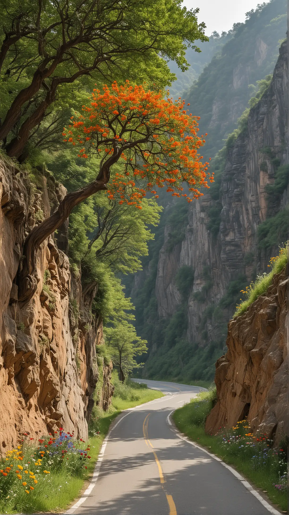 峡谷，大树，鲜花，五彩小路