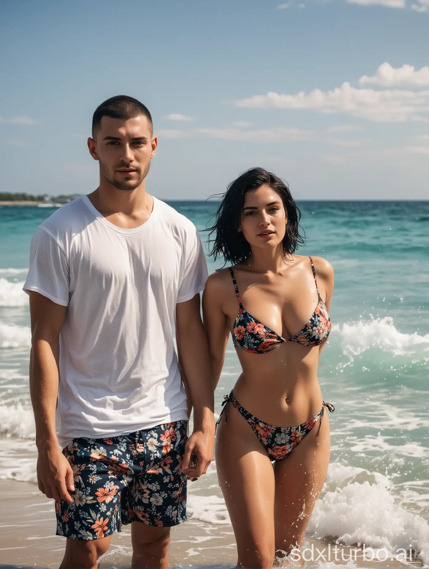 a young man and woman, the man with short black hair and a buzz cut, the man wearing a loose white t-shirt, the woman with long black hair, the woman wearing a tight floral bikini, large breasts, beach shorts, looking directly at the camera, on the beach (with splashing water), blue sea water, fair skin, FHD quality (8k), romantic couple, remote island