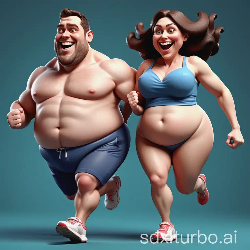 3D caricature of a husband and wife with a large body weight running happily
